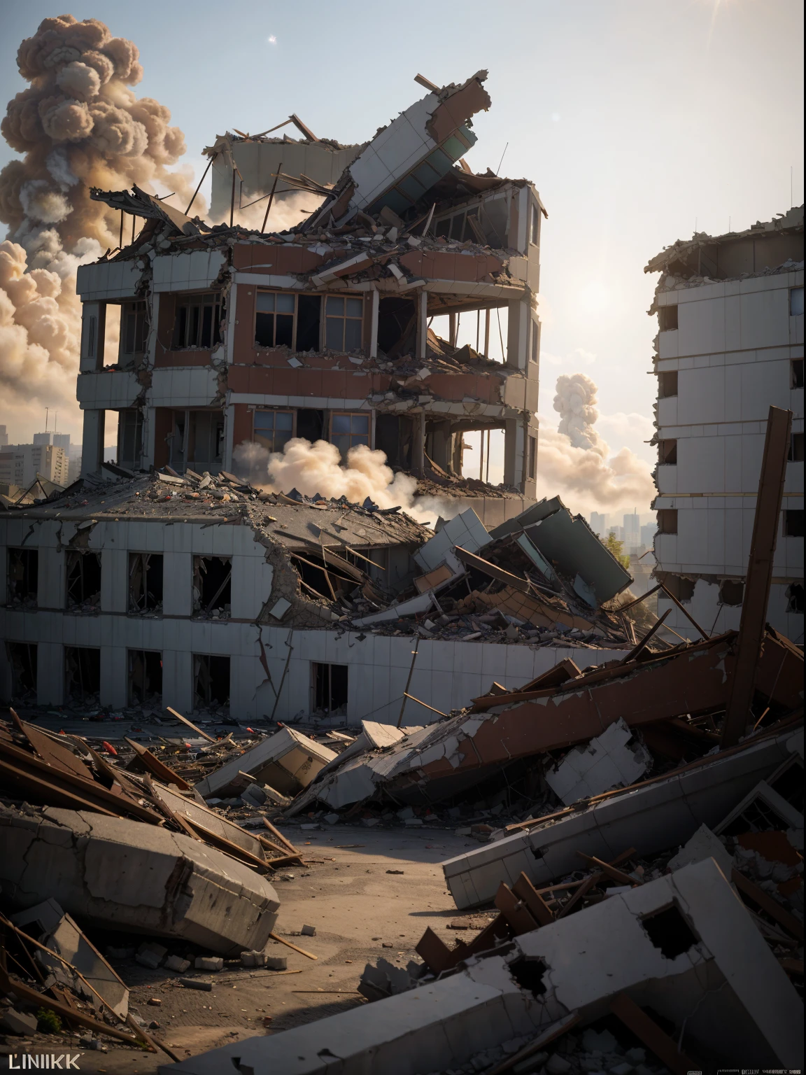 masterpiece, best quality, high quality, extremely detailed CG Unity 8k wallpaper, cinematic lighting, Seoul in ruins due to world war in 2060, (destroyed buildings: 1.3), South Korea, ((destroyed palace)), (after nuclear war: 1.2), sci-fi, anamorphic lens flare, shallow depth of field