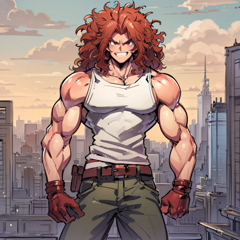 pale masculine man, muscular burly build, long frizzy Red hair, well-drawn red eyes, subtle grin, tank top, detailed cityscape background, highres quality my hero Academia art style,