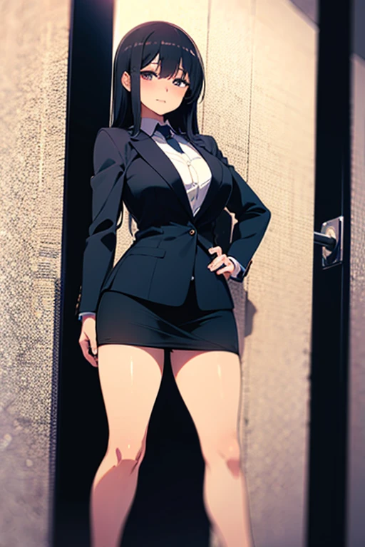 A woman with very long black hair, (very long hair:1.25) and (long bangs:1.5), wearing a business suit with a long pencil skirt and pantyhose, standing. The artwork is inspired by manga and incorporates a doujin style. The woman appears to be (wetting herself:1.5), which causes her to feel embarrassed and humiliated, resulting in a blush on her face. In addition, there is an air of anger in her expression. The lighting in the scene is moody, with a spotlight highlighting the woman's figure, Her arms are crossed (crossing arms:1.5), showcasing a very large pee stain that covers almost the entire front of her pencil skirt., large breasts, skinny