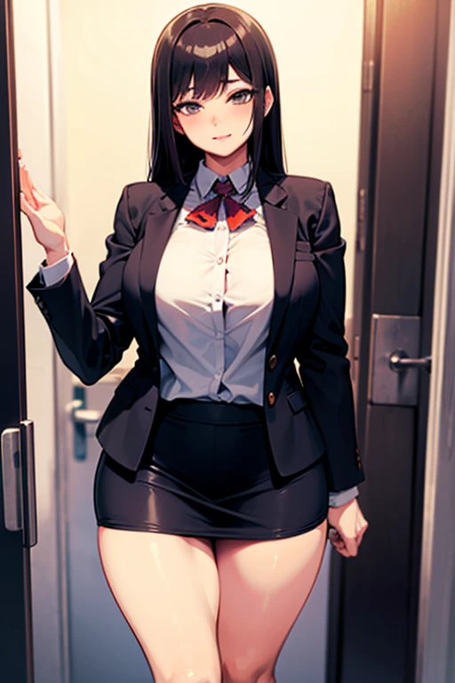 Sexy anime girl with long black hair wearing a business suit and a short skirt