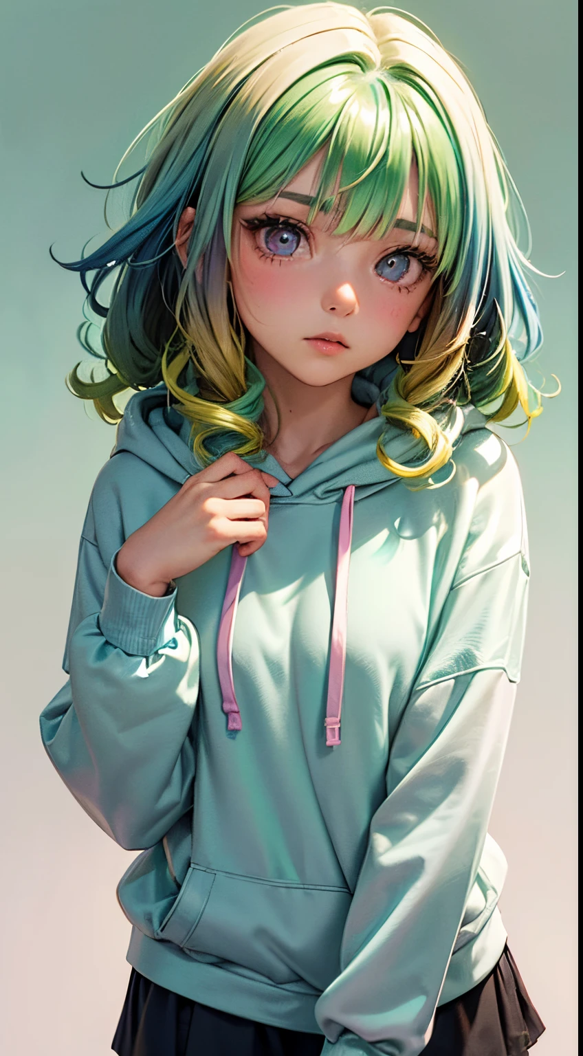 1girl in, Solo, Solo Focus, Cowboy Shot, Portrait, oversized hoodie, Aqua green and white hoodie, Half Aqua, Half Green, ((Brown hair)), (Yellow hair), (Gradient Hair :1.5), Curly hair, ((Pink eyes)), ultradetailed eyes, asa, (Caramel Black Skin:1.1), Best Quality, Ultra-detailed, White background, Simple background，White panty、