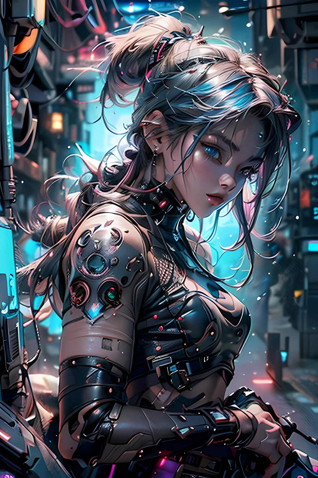 Cyberpunk Girl,(topquality、8K、12)、tmasterpiece、NFFSV:1.3)、(Ultra - high resolution)、(photorealestic:1.4)、RAW photography,Perfect eyes,Charming perfect figure,ActionPose:1.2,Detailed cyberpunk fashion、Cyberpunk world,Depth of field,blurred background,、