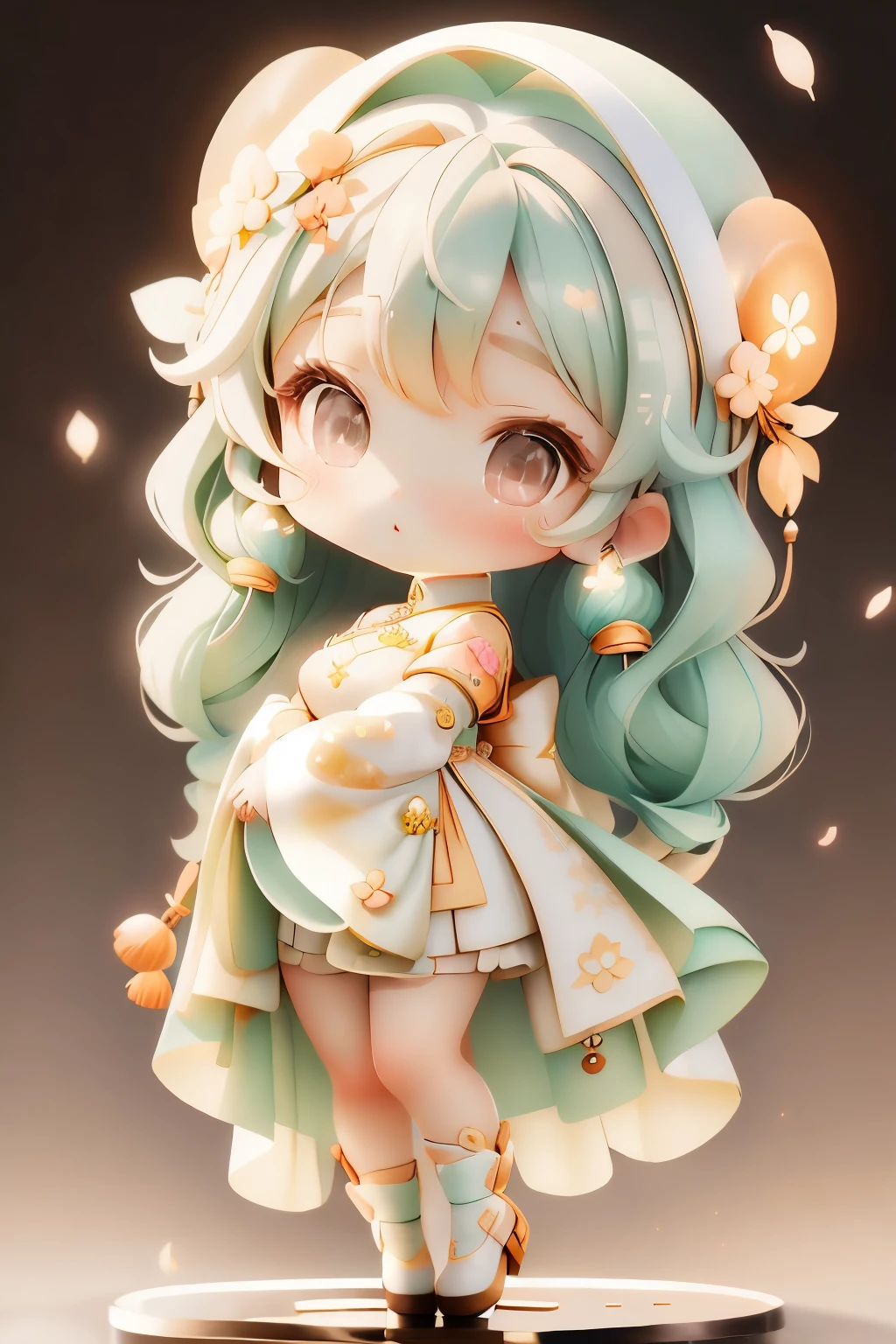 girl with, Chibi、amber, , medium pastel mint white, luxury fabrics, dithering, Far-reaching,viewer lucky brown,ao dai dress、、no ears on head