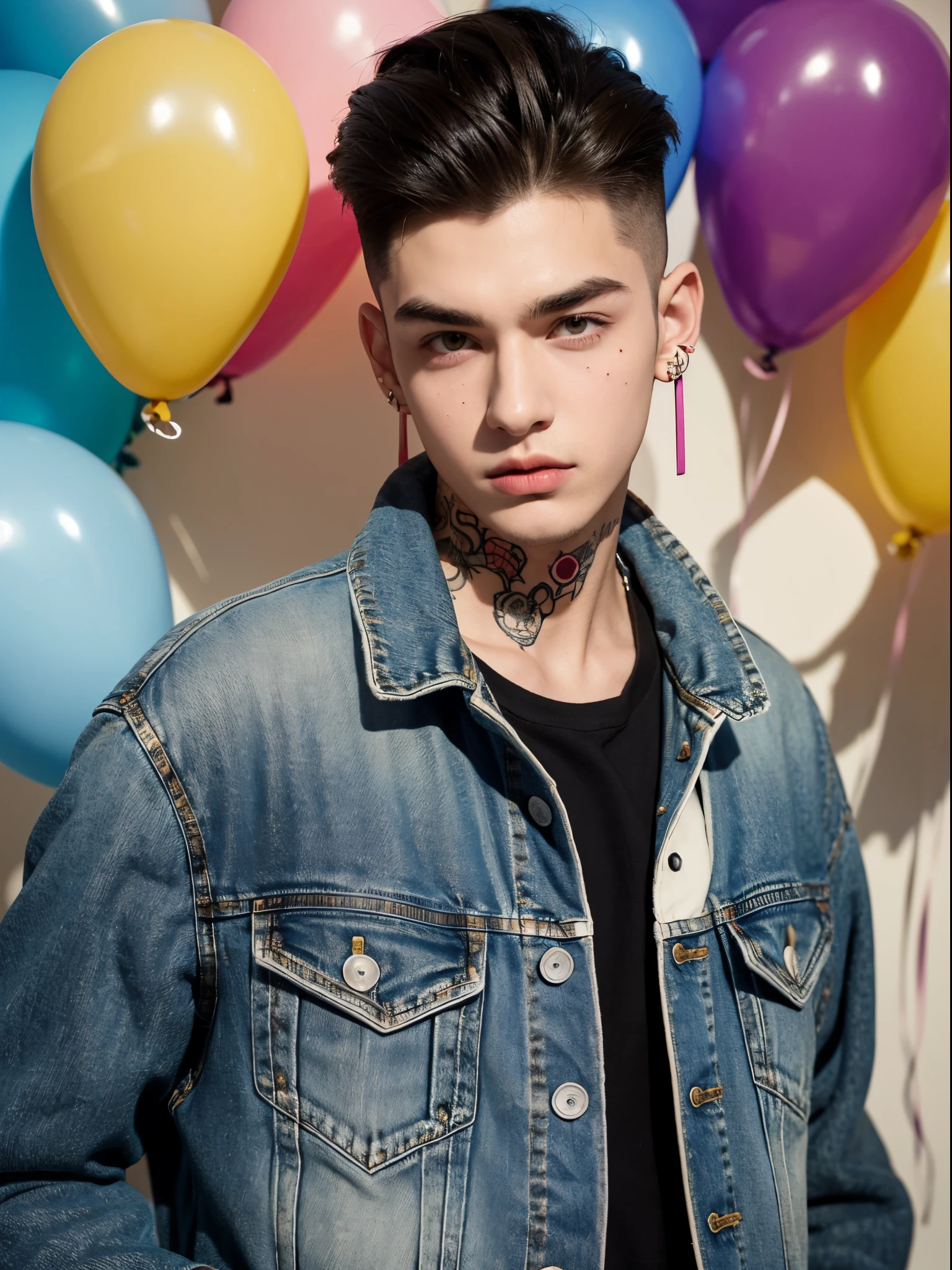 male, 20 year old boy, slick back, cut eyebrows, stud earrings, denim jacket, tatto in neck, half body photo, head facing the camera, colorful balloons in the background, street