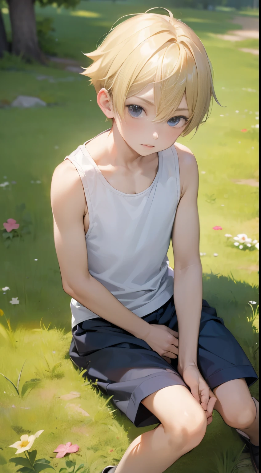 ((masutepiece)), (Best Quality), (1boy:1.2), (8 year old:1.2), on grassland, Sitting, picnic, Short hair, a blond, Upper body, Wearing a tank top, From  above, deadpan,