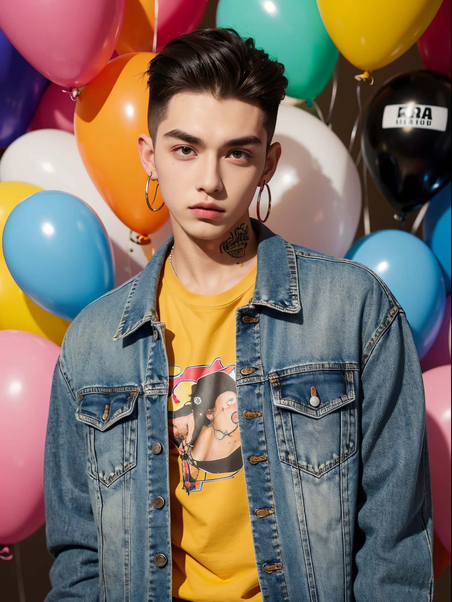 male, 20 year old boy, slick back, cut eyebrows, stud earrings, denim jacket, tatto in neck, half body photo, head facing the camera, colorful balloons in the background, street