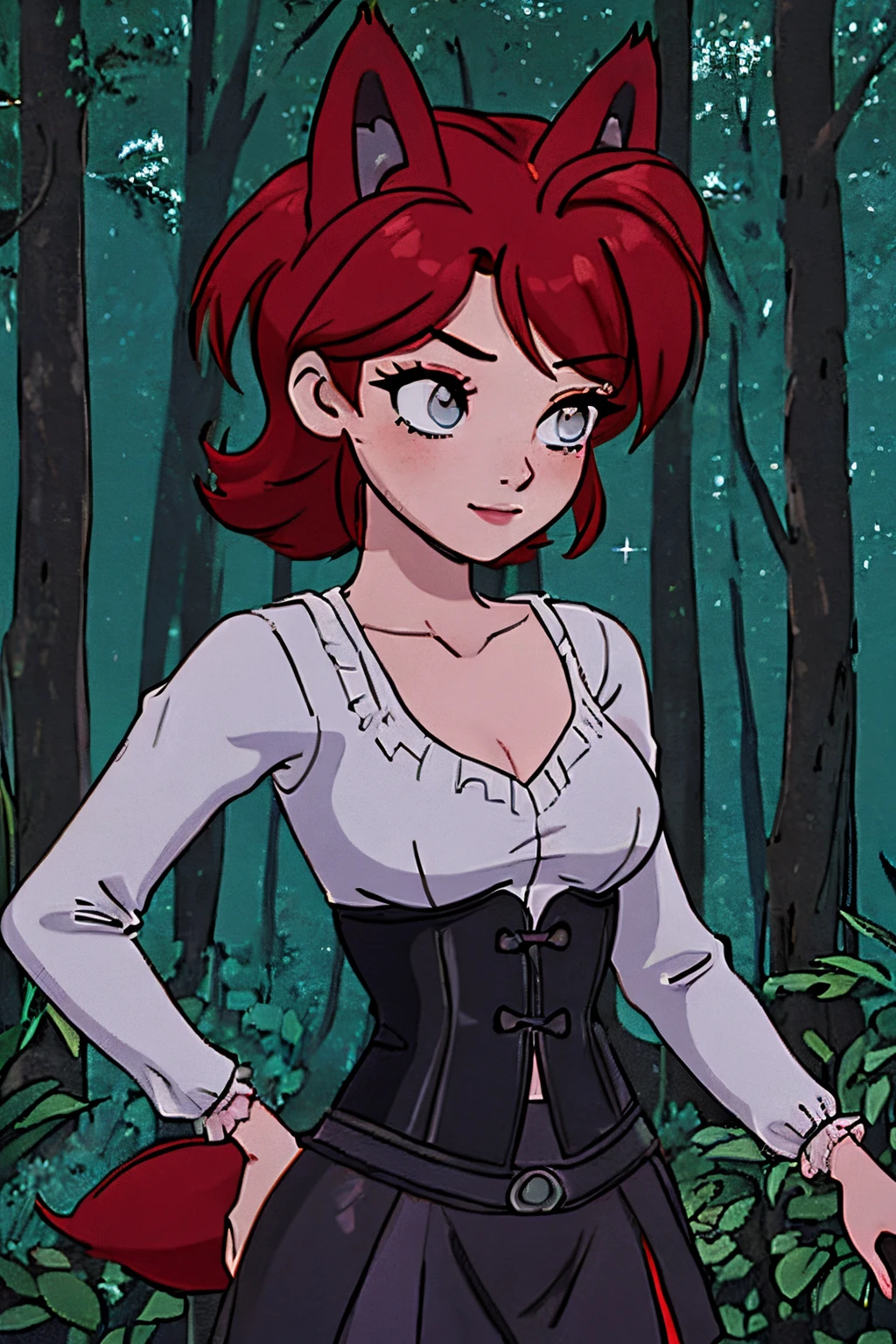 close up 1girl in, ager, Solo, (undercut red hair: 1.28), ((light gray eyes)), some small freckles, (dark fox ears & tail:1.35), pale skin, medium breasts, cleavage, (thin hips, thin waist: 1.25), (arched back:1.12), detailed skin, mischievous face, revealing clothes, (wearing roman dress, leather skirt, corset: 1.1), facing viewer, (groping chest: 1.34), (sexy pose: 1.22), (detailed magical forest background:1.1), creek, overlooking opening in forest, relaxing, 4k textures, soft light, elegant, highly detailed, sharp focus, soothing tones, insane details, intricate details, hyperdetailed, high contrast, hdr