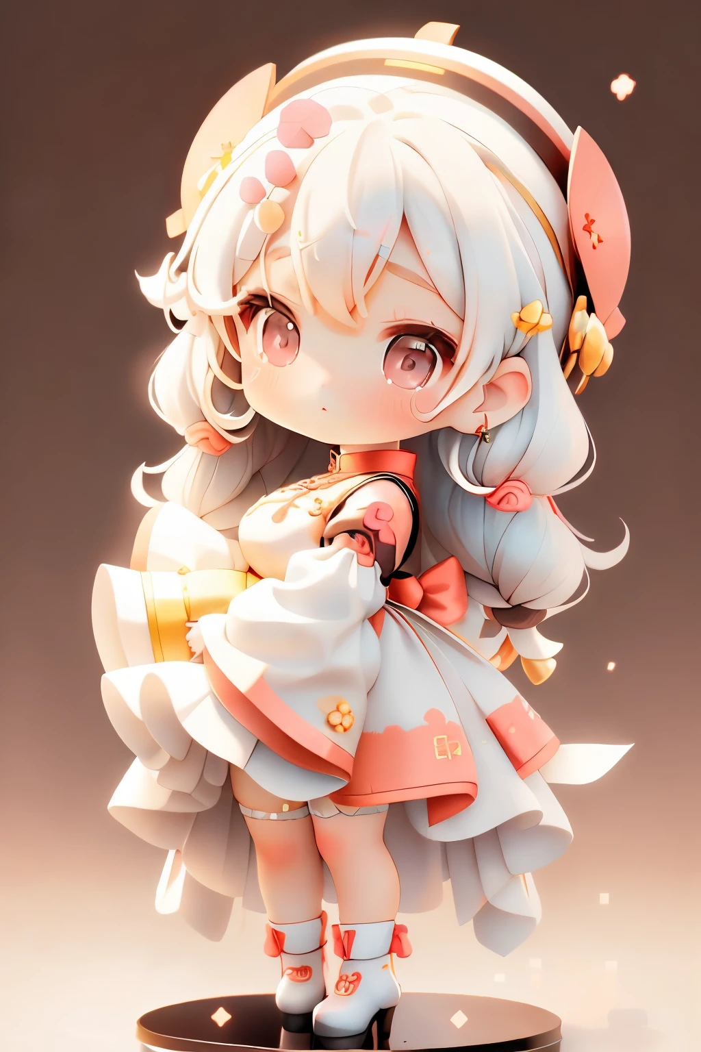 girl with, Chibi、amber, , medium pastel white, luxury fabrics, dithering, Far-reaching,viewer lucky brown,qipao dress、、no ears on head