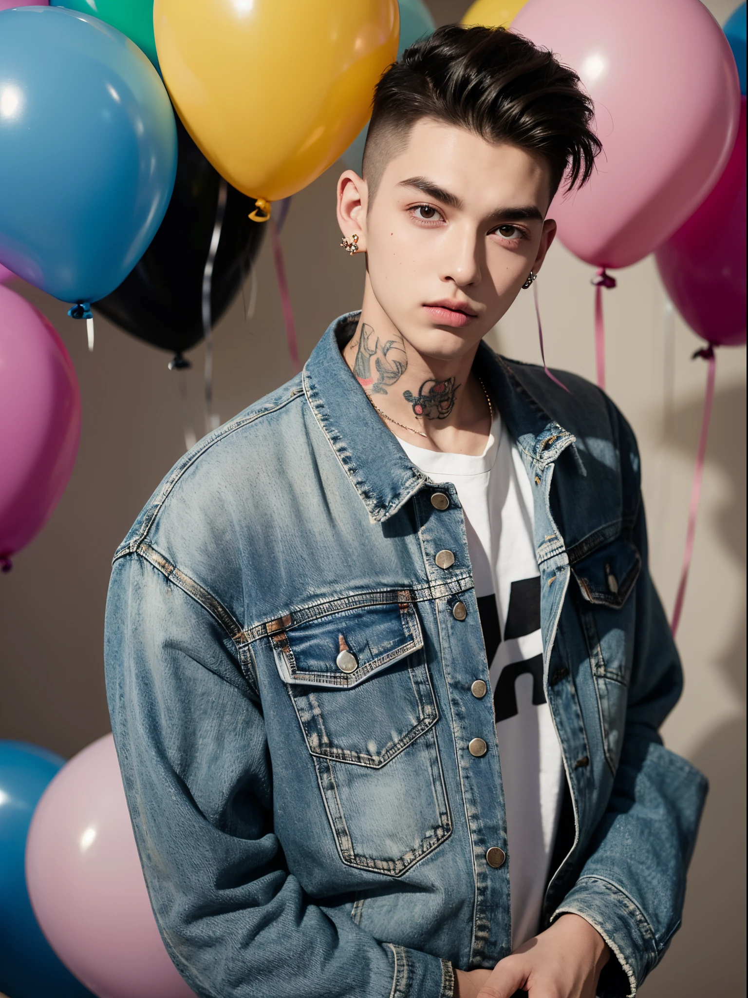 male, 20 year old boy, slick back, cut eyebrows, stud earrings, denim jacket, tatto in neck, half body photo, head facing the camera, colorful balloons in the background, street