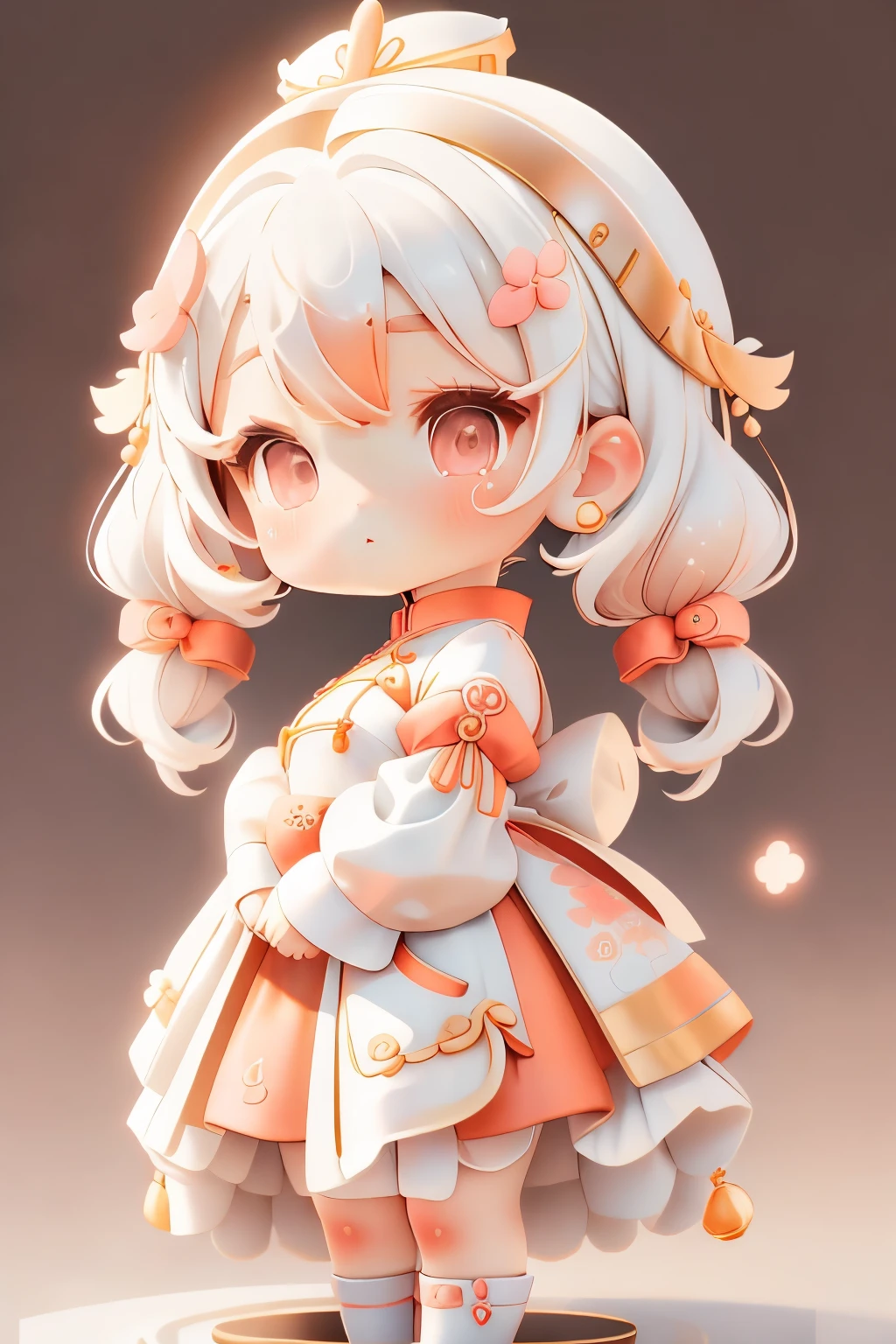 girl with, Chibi、amber, , medium pastel white, luxury fabrics, dithering, Far-reaching,viewer lucky brown,qipao dress、、no ears on head