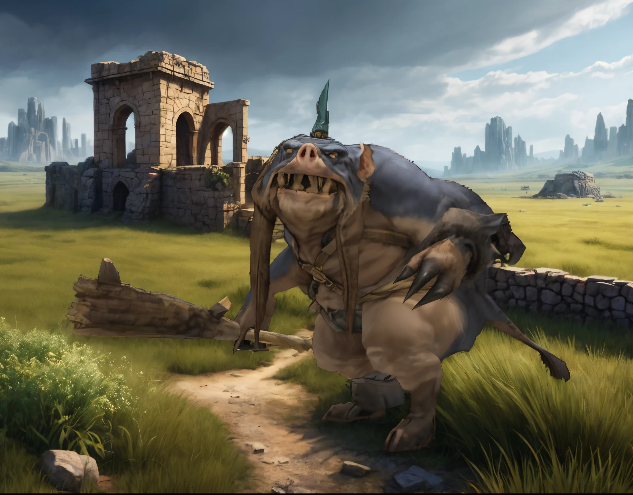 digital game art of a Seeq barbarian, from the Final Fantasy universe. A large, imposing creature with a blend of boar and humanoid features. Its skin is leathery and wrinkled, primarily in earth tones, with a lighter-colored big and round belly. The face has a pronounced snout far above the mouth, small tusks protruding from the lower jaw, and large, expressive eyes. Its ears are long and hang down heavily like those of a bloodhound, adorned with rings and other jewelry. The ears are long and floppy, hanging low down to its belly. The Seeq's stature is bulky and massive, it walks on short, stout legs, which contrast with its robust upper body. The hands have long, pig-like claws. It wears a simple, sturdy tunic with tribal patterns, a broad belt signaling its fighter class, and leather or metal wristbands. In one hand, it carries a hefty club or other barbaric weapon, suggesting its role as a fearsome fighter. The background showcases a harsh, desolate battlefield, complementing the ruggedness of the barbarian. The image exudes an aura of raw power and primitive majesty, with the Seeq ready for battle.