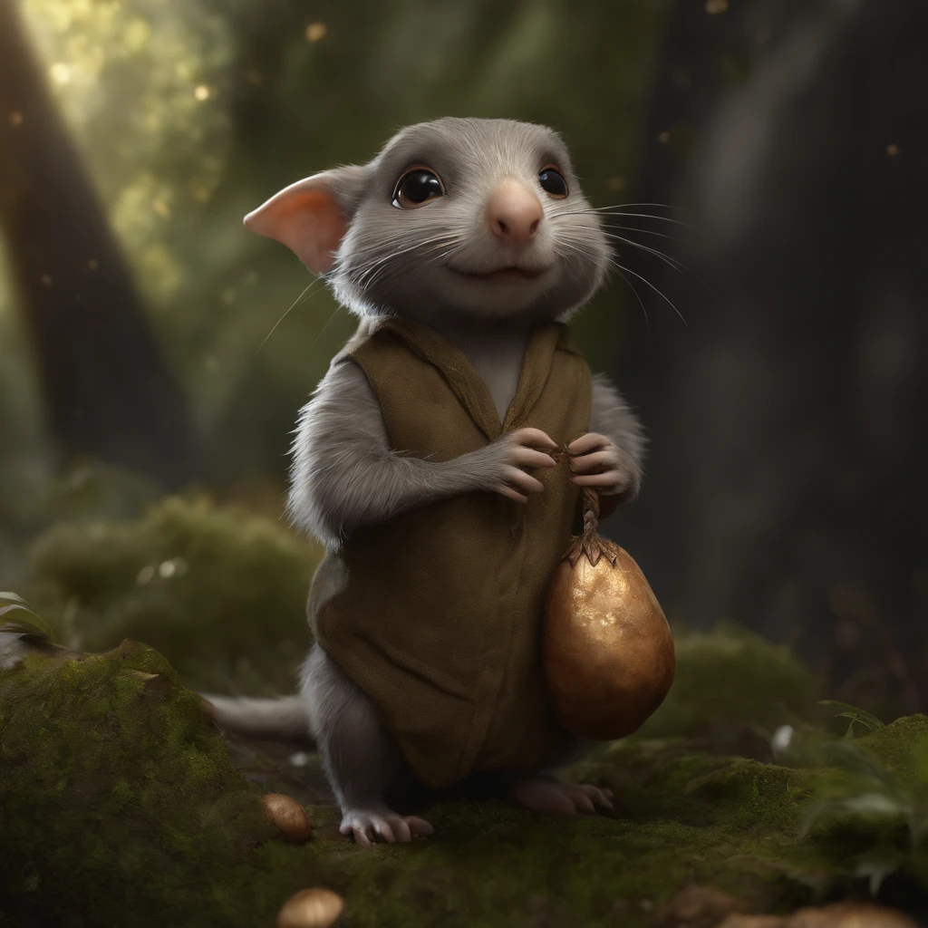 (CBZBB:1.25),gremlin, hobbit style, in the style of John Tolkien, looks like , taupe((taupe)), in a clearing under an oak tree, holding a large acorn in his paws, CBZBB,Cute, Small, baby, Beautiful, Fantasy art, deviant art, trending artstation, Digital Art, Detailed, Realistic, humanoid, character, tiny, Cinematic shot, cinematic portrait of a mole, cute character, looks like a gremlin, looks like a mole, ,gremlin, mole-like, bright silver and brown, tail, large ears, elongated nose,,, covered with silver fur, holding a large acorn in his paws, water, Burrow, tree roots stick out from the walls in the hole, mushrooms sticking out of the ground, Best Quality, Masterpiece, in style of dark fantasy art,真实感, Realism, tmasterpiece, Brad Jongsan walks in the jungle (Night of the Fireflies), (higly detailed: 1 1), rough face, natural skin, hiquality, NSFW, pretty eyes, (Detailed face and eyes), (s face: 1 2), tumult, Complementary, real-photo, ......PSD, Lightweight Film Photography, sharp-focus, contrast lighting, Detail Skin, high resolution 8k, Crazy detailing, Realistic, professional photo of a, 8K UHD, dslr, soft light, hiquality, film grains, Fujifilm XT3, dark fantasy style,