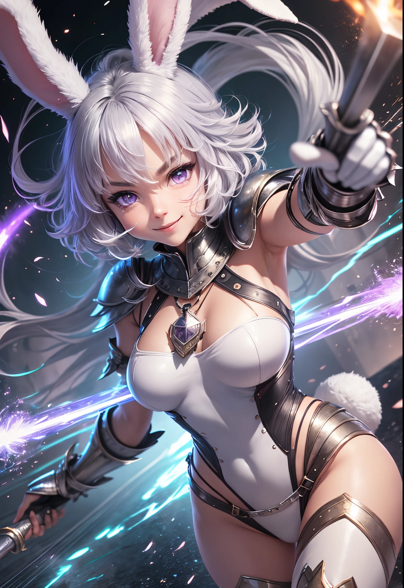 (warrior),(white bunny ears),(lilac eyes),(silver armor),(naive smile),(short hair), (((female character))),(day),(holding a battle ax ),(tanned skin tone),(silver hair),(Beautiful face 8k),(floor),(spectators),(lit environment),(particles in the air),((speed)), hand-drawn anime style , dynamic, full length, animation quality, anime icon, looking at face camera, 8k, full length, best background, masterpiece, awesome titles, ultra HD, insane title, perfect hands --auto --s2