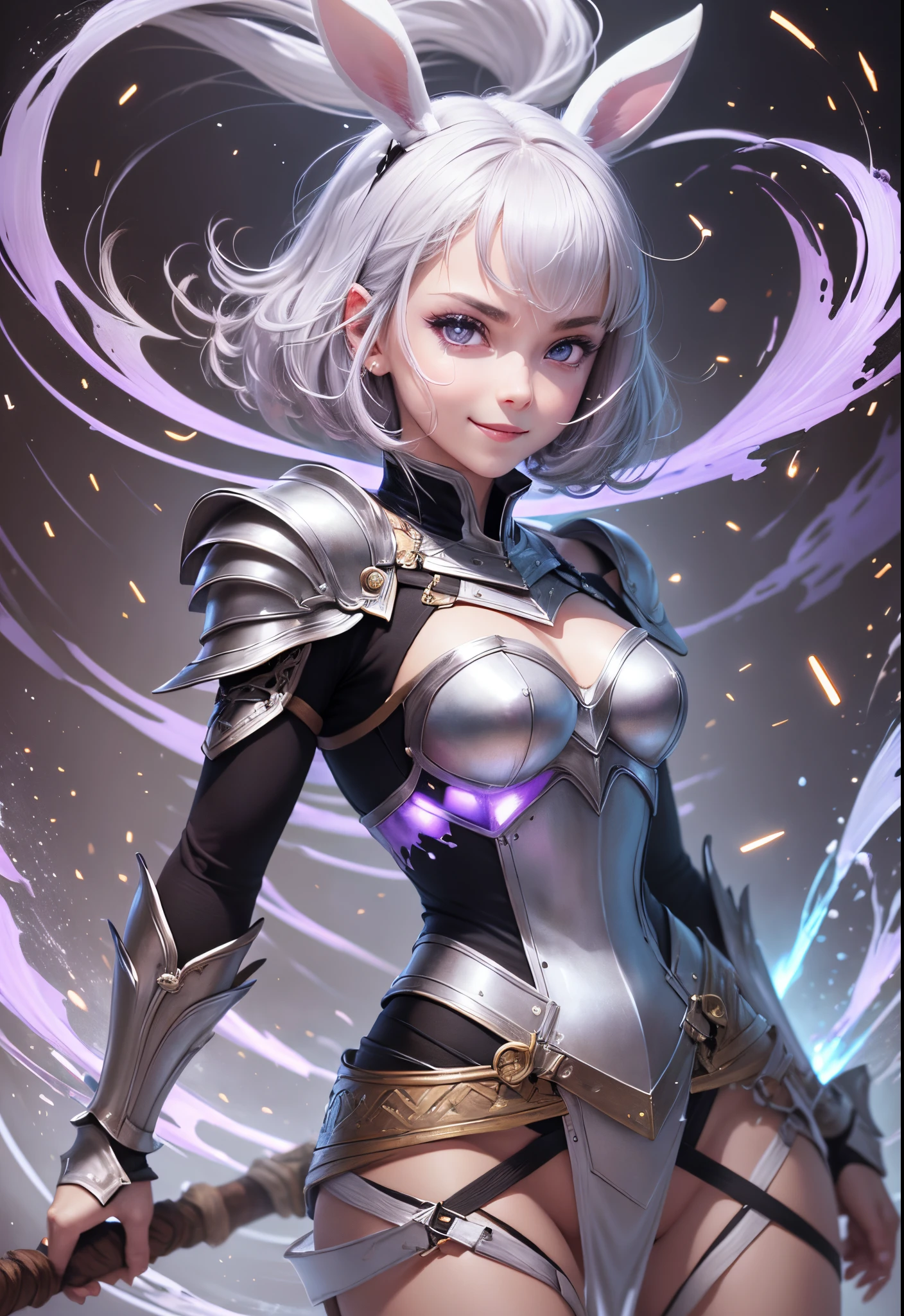 (warrior),(white bunny ears),(lilac eyes),(silver armor),(naive smile),(short hair), (((female character))),(day),(holding a battle ax ),(tanned skin tone),(silver hair),(Beautiful face 8k),(floor),(spectators),(lit environment),(particles in the air),((speed)), hand-drawn anime style , dynamic, full length, animation quality, anime icon, looking at face camera, 8k, full length, best background, masterpiece, awesome titles, ultra HD, insane title, perfect hands --auto --s2