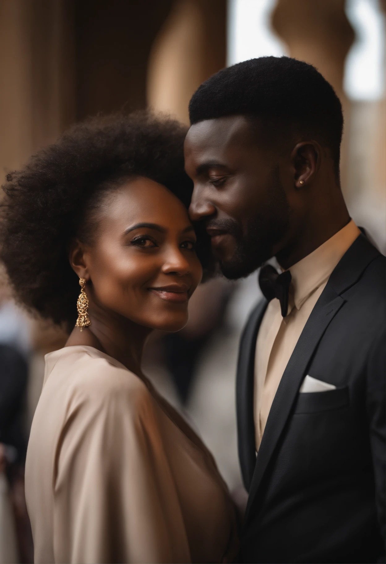 The African couple stands up in the crowd while smiling, Dans le style du Nikon D850, Neoclassical symmetry, Mode de rue, beige, File photo, Hurufiyya, Photorealistic portrait, Define faces, nez distinctifs, Focus sur les articulations/Connexions