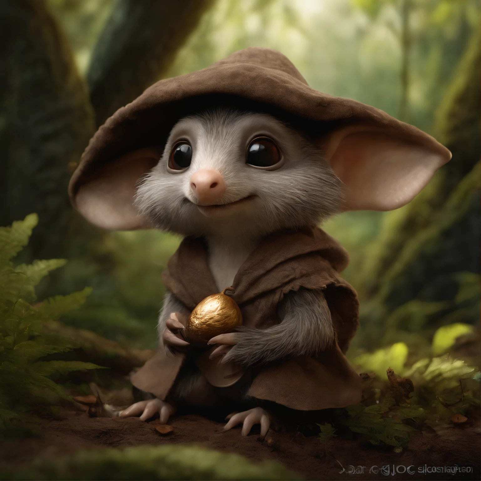 (CBZBB:1.25),gremlin, gremlin, hobbit style, in the style of John Tolkien, looks like , taupe((taupe)), in a clearing under an oak tree, holding a large acorn in his paws, CBZBB,Cute, Small, baby, Beautiful, Fantasy art, deviant art, trending artstation, Digital Art, Detailed, Realistic, humanoid, character, tiny, Cinematic shot, cinematic portrait of a mole, cute character, looks like a gremlin, looks like a mole,    ,gremlin, mole-like, bright silver and brown,  tail, large ears, elongated nose,, covered with silver fur, holding a large acorn in his paws, water, Burrow, tree roots stick out from the walls in the hole,  mushrooms sticking out of the ground, Best Quality, Masterpiece, in style of dark fantasy art,真实感, Realism, tmasterpiece, Brad Jongsan walks in the jungle (Night of the Fireflies), (higly detailed: 1 1), rough face, natural skin, hiquality, NSFW, pretty eyes, (Detailed face and eyes), (s face: 1 2), tumult, Complementary, real-photo, .....PSD, Lightweight Film Photography, sharp-focus, contrast lighting, Detail Skin, high resolution 8k, Crazy detailing, Realistic, professional photo of a, 8K UHD, dslr, soft light, hiquality, film grains, Fujifilm XT3, dark fantasy style,