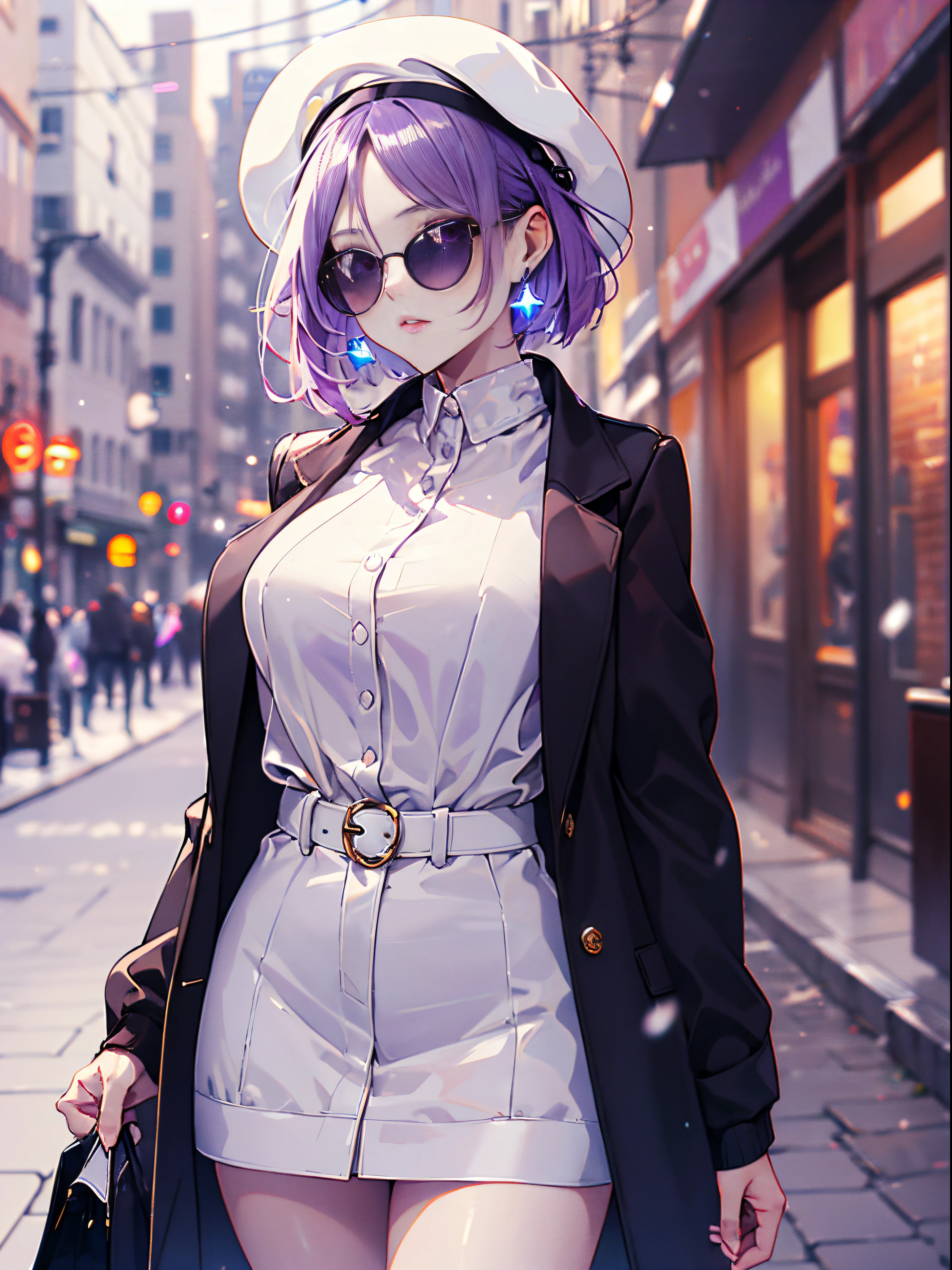Solo ((perfect hand: 1.2)),Strong strip, Beautiful skin, White skin,Round sunglasses, Both eyes covered, totalitarianism, earrings, Cute lips, Beautiful, white  shirt, Black tie, Sexy, beautiful  lighting, dynamic ungle, hightquality, top-quality,1 girl in, purple color  hair、Purplish pink eyes that dreamers desire, (Blonde hair) , small stature, Colossal tits, (masutepiece:1.2, Best Quality), (finely detailed beautiful eye: 1.2), (beautifull detailed face), (Best Illumination, extremely delicate and beautiful), ((Cinematic Light)), Dramatic light, (Pale white background:1.5), Short bob hair（1:3）、Braid a little around the ears, 鎖骨,Perfect Finger、Stylish coffee shop、only has 5 fingers、mocking look、nffsw,Arms crossed、grab the arm、Best Quality、Large breasts、8K,perfect hand、only has 5 fingers、god angle、Shopping street with falling snow、midwinter knit jumper、 top-quality、hyper HD、Arafe woman in coat and hat talking on mobile phone, Fashionable woman, elegant girl in urban outfit, posing in an urban street, beret and sunglasses, Clothes in warm colors, wearing an elegant outfit, wearing a French beret, standing in a city street, Woman in trench coat, modern fashion outfit, purple color  hair, Purple eyes, Purple Sunglasses