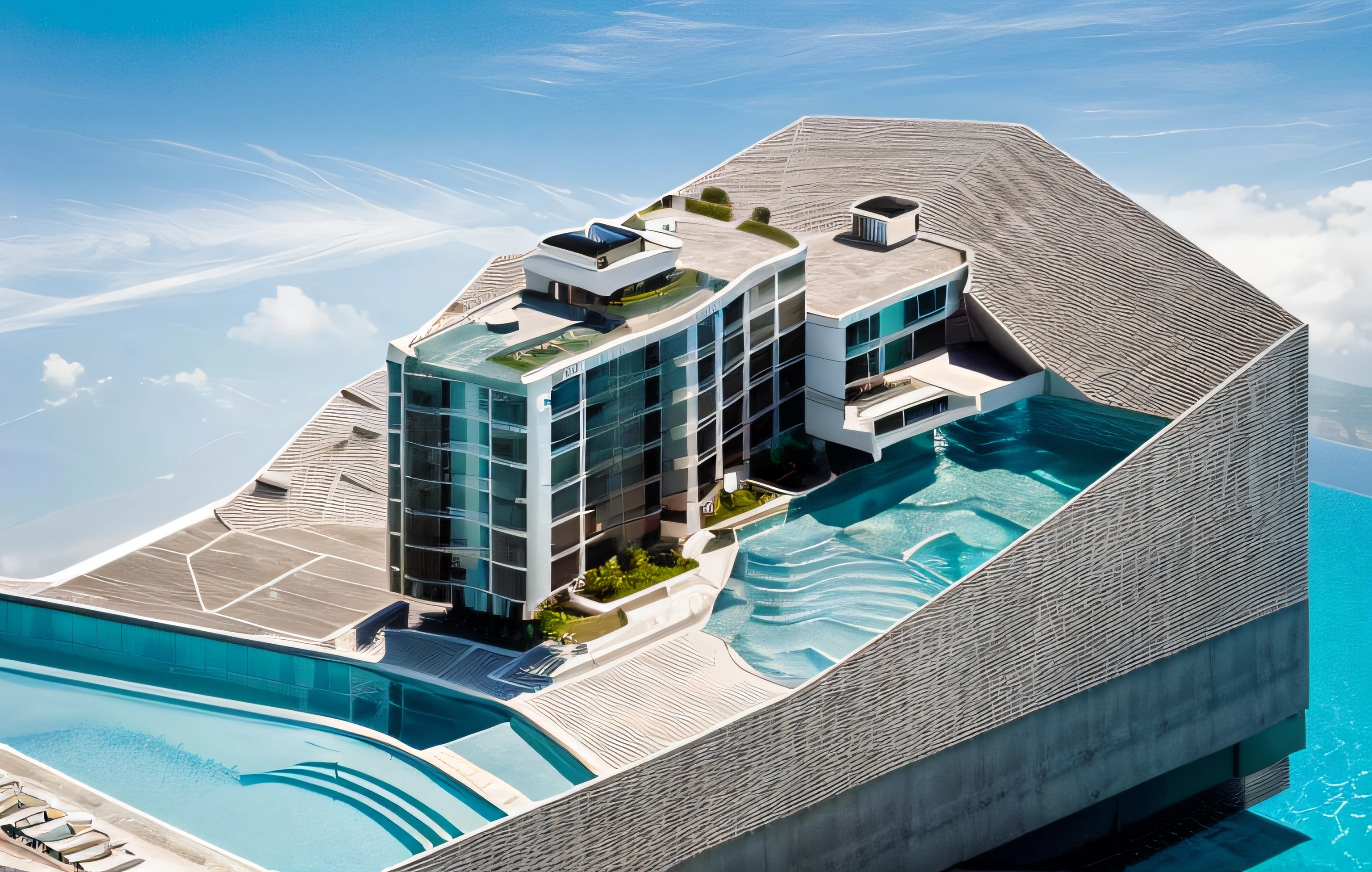ariel view a hotel on the hill, pool on the roof, modernism architecture, natural light, concrete and marble facecade
