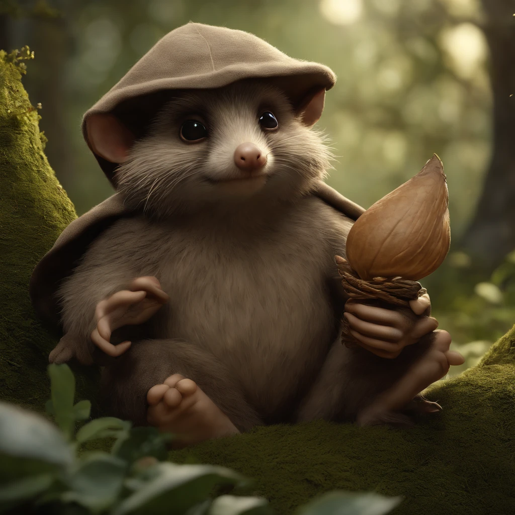 (CBZBB:1.25),gremlin,  hobbit style, in the style of John Tolkien, looks like ,gremlin looks like a mole((taupe)), in a clearing under an oak tree, holding a large acorn in his paws, CBZBB,Cute, Small, baby, Beautiful, Fantasy art, deviant art, trending artstation, Digital Art, Detailed, Realistic, humanoid, character, tiny, Cinematic shot, cinematic portrait of a mole, cute character, looks like a gremlin, looks like a mole,    ,gremlin, mole-like, bright silver and brown,  tail, large ears, elongated nose,,,, covered with silver fur, holding a large acorn in his paws, water, Burrow, tree roots stick out from the walls in the hole,  mushrooms sticking out of the ground, Best Quality, Masterpiece, in style of dark fantasy art,真实感, Realism, tmasterpiece, Brad Jongsan walks in the jungle (Night of the Fireflies), (higly detailed: 1 1), rough face, natural skin, hiquality, NSFW, pretty eyes, (Detailed face and eyes), (s face: 1 2), tumult, Complementary, real-photo, .......PSD, Lightweight Film Photography, sharp-focus, contrast lighting, Detail Skin, high resolution 8k, Crazy detailing, Realistic, professional photo of a, 8K UHD, dslr, soft light, hiquality, film grains, Fujifilm XT3, dark fantasy style,