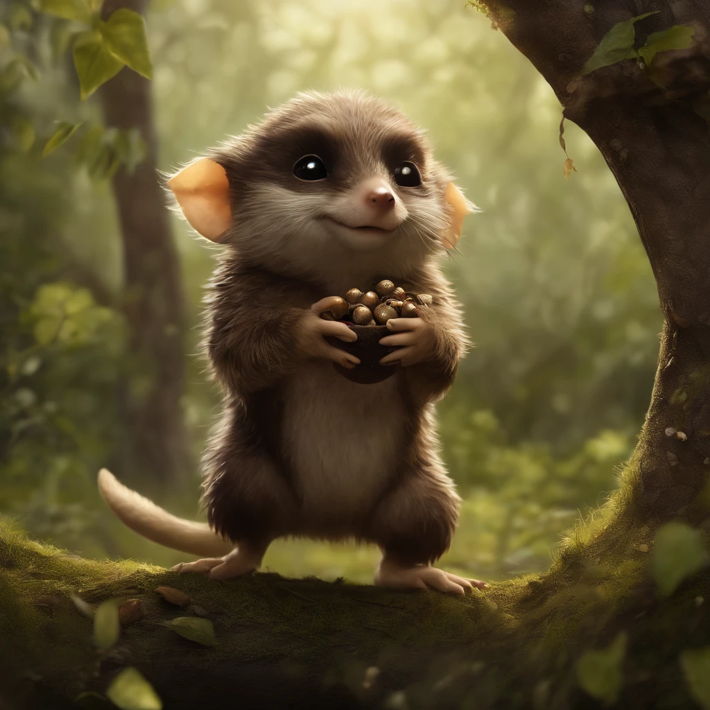 (CBZBB:1.25),gremlin,  hobbit style, in the style of John Tolkien, looks like ,gremlin looks like a mole((taupe)), in a clearing under an oak tree, holding a large acorn in his paws, CBZBB,Cute, Small, baby, Beautiful, Fantasy art, deviant art, trending artstation, Digital Art, Detailed, Realistic, humanoid, character, tiny, Cinematic shot, cinematic portrait of a mole, cute character, looks like a gremlin, looks like a mole,    ,gremlin, mole-like, bright silver and brown,  tail, large ears, elongated nose,,,, covered with silver fur, holding a large acorn in his paws, water, Burrow, tree roots stick out from the walls in the hole,  mushrooms sticking out of the ground, Best Quality, Masterpiece, in style of dark fantasy art,真实感, Realism, tmasterpiece, Brad Jongsan walks in the jungle (Night of the Fireflies), (higly detailed: 1 1), rough face, natural skin, hiquality, NSFW, pretty eyes, (Detailed face and eyes), (s face: 1 2), tumult, Complementary, real-photo, .......PSD, Lightweight Film Photography, sharp-focus, contrast lighting, Detail Skin, high resolution 8k, Crazy detailing, Realistic, professional photo of a, 8K UHD, dslr, soft light, hiquality, film grains, Fujifilm XT3, dark fantasy style,