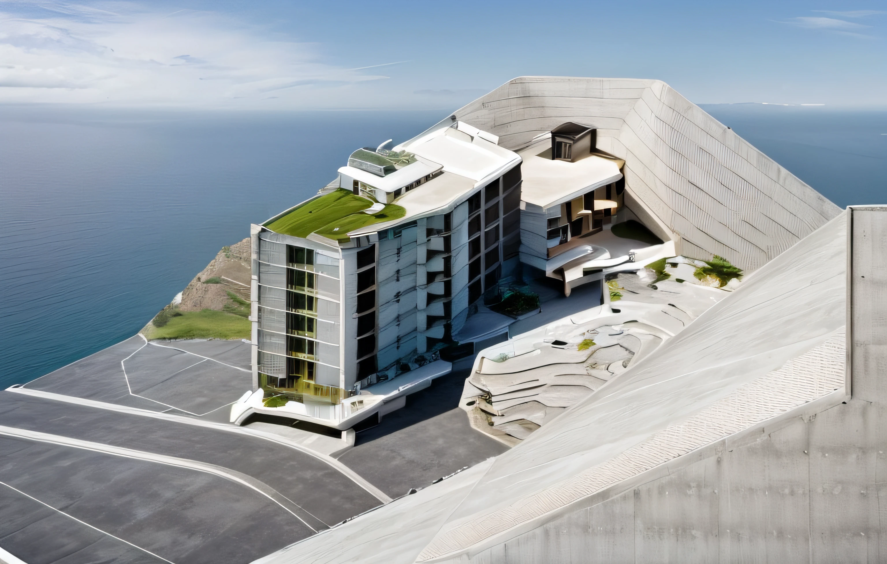 ariel view a hotel on the hill, modernism architecture, natural light, concrete and marble facecade