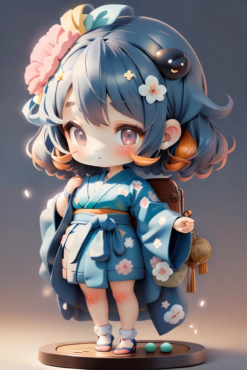 girl with, Chibi、amber, , medium pastel navy blue white, luxury fabrics, dithering, Far-reaching,viewer lucky brown,kimono、no ears on head