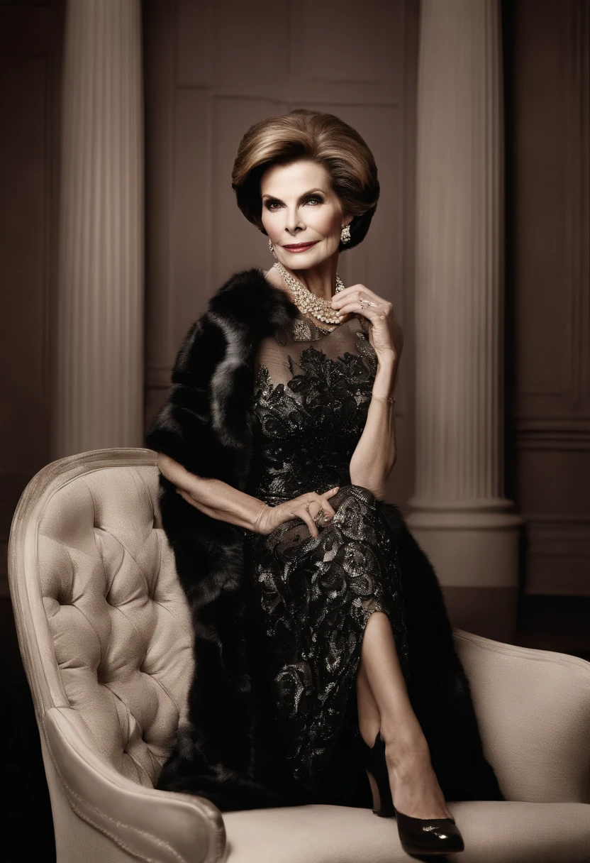 A photo of Lucille Bluth reclining in a designer evening gown at an elegant charity gala,Arrested Development,Lucille’s acerbic personality is matched by her elegant appearance; she is always impeccably dressed in high-end fashion, favoring furs and perfectly tailored suits. Her coiffed hair and polished demeanor mask a penchant for martinis and a tendency to deliver her most cutting remarks with a deadpan delivery. , female