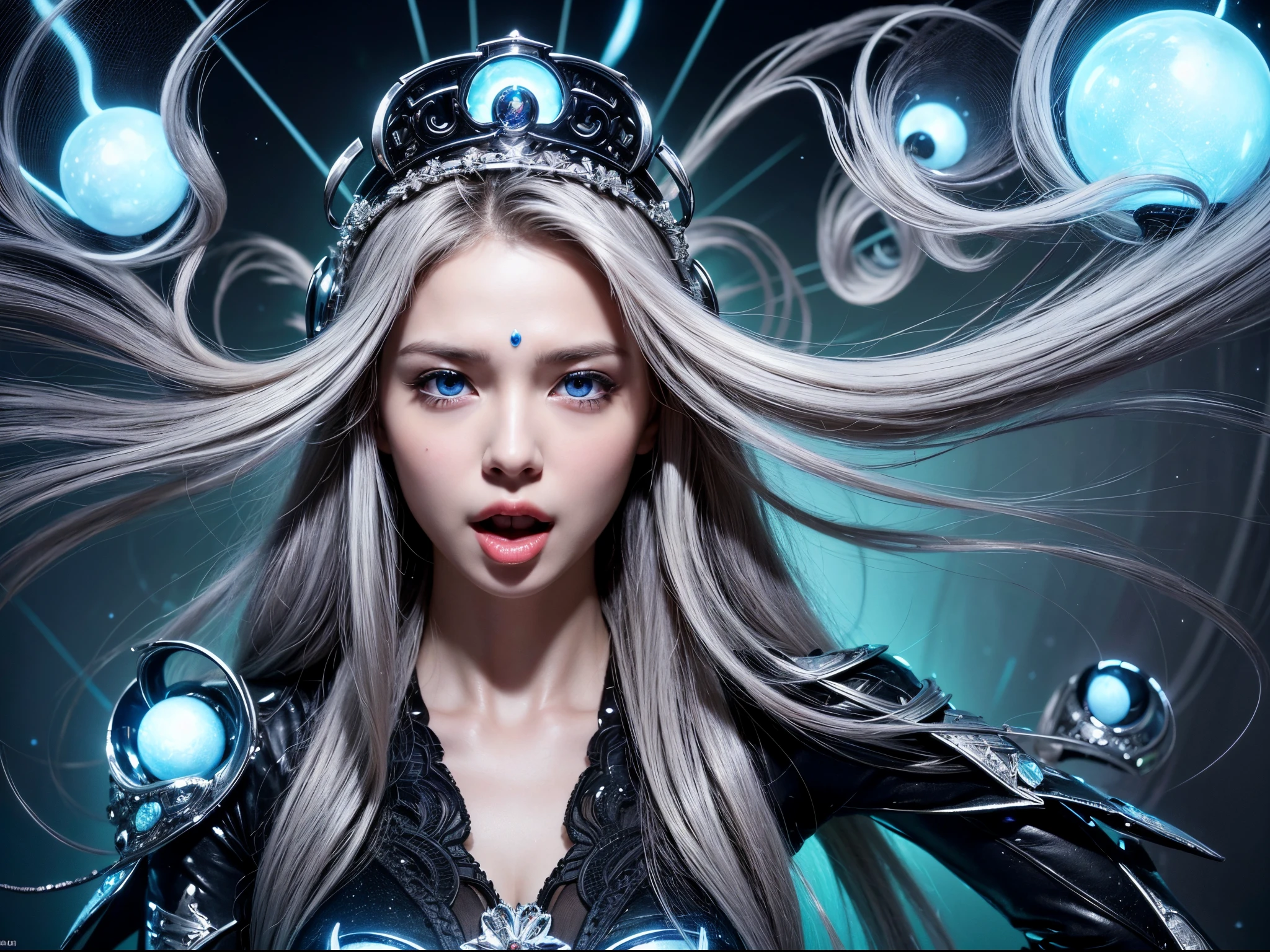 (masterpiece), realistic, cinematic light, a 5yo girl and her family, have fun watching the theme park parade, full body, beautiful eyes, silver hair, perfect ???????, very cute, (blue eyes) , bioluminescence, 8 life size,8k resolution, human hands, elegant, approaching perfection, dynamic, highly detailed, character sheet, concept art, smooth, facing directly at the viewer positioned so that their body is symmetrical and balanced,  detailed hairstyle, her eyes tear up as she hold back the pain, open mouth and stick out tongue, from below and side, fractal art