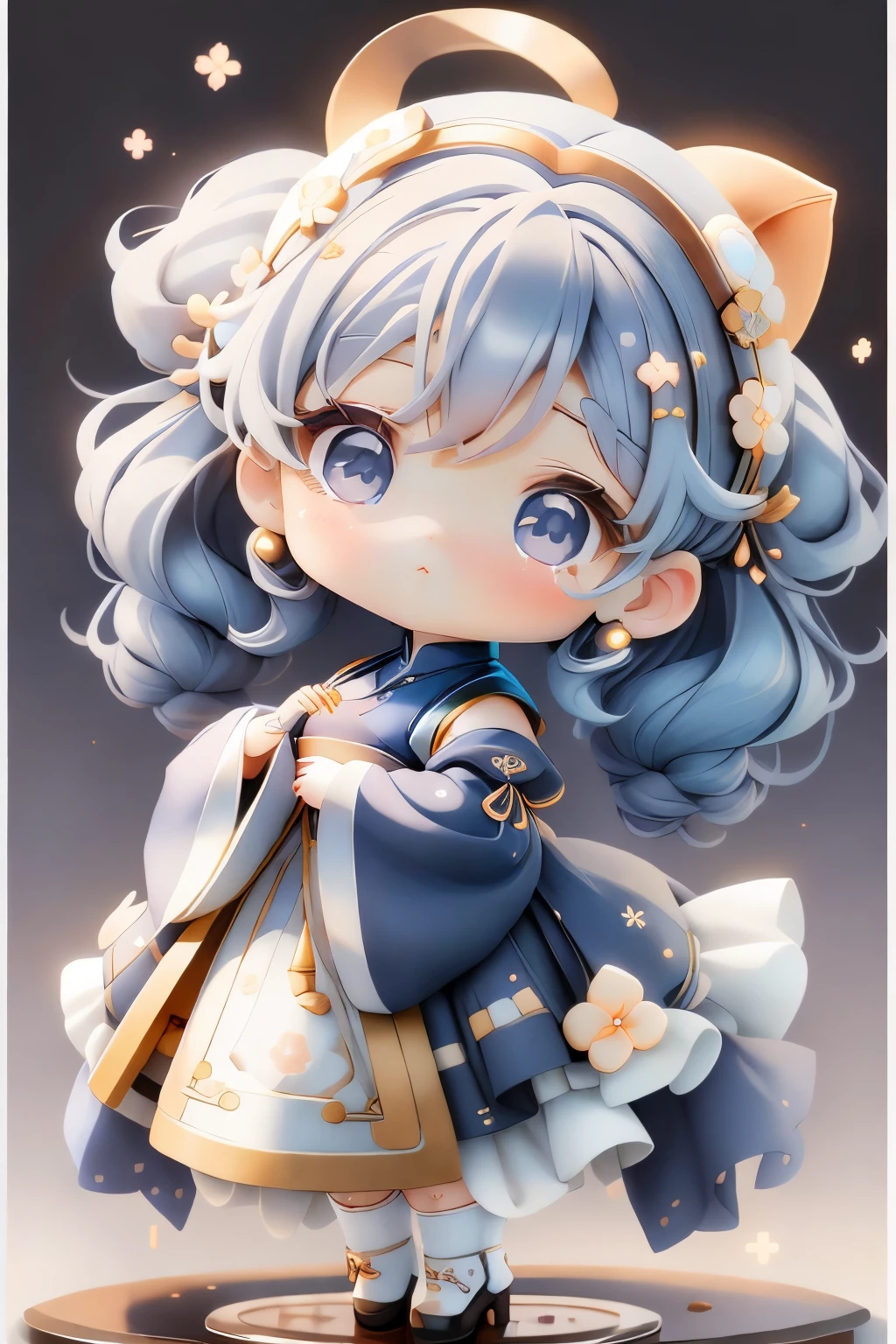 girl with, Chibi、amber, , medium pastel navy blue white, luxury fabrics, dithering, Far-reaching,viewer lucky brown,Hanfu、no ears on head