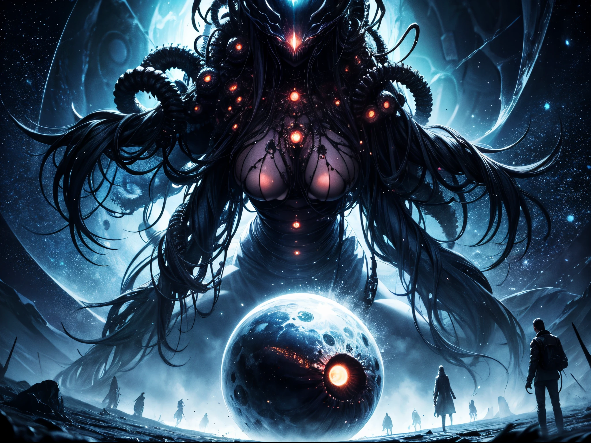 Dark and unsettling scenes depicting cosmic horrors emerging from wormholes. Create an eerie atmosphere within the multiverse concept. large tits