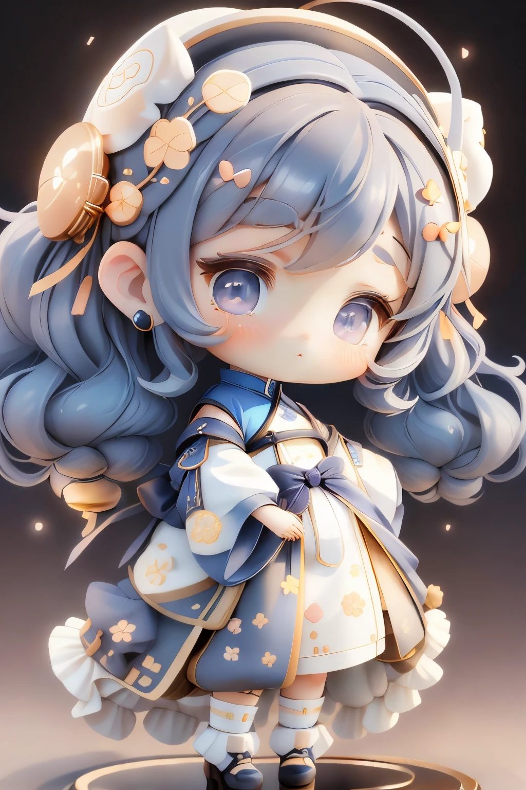 girl with, Chibi、amber, , medium pastel navy blue white, luxury fabrics, dithering, Far-reaching,viewer lucky brown,Hanfu、no ears on head