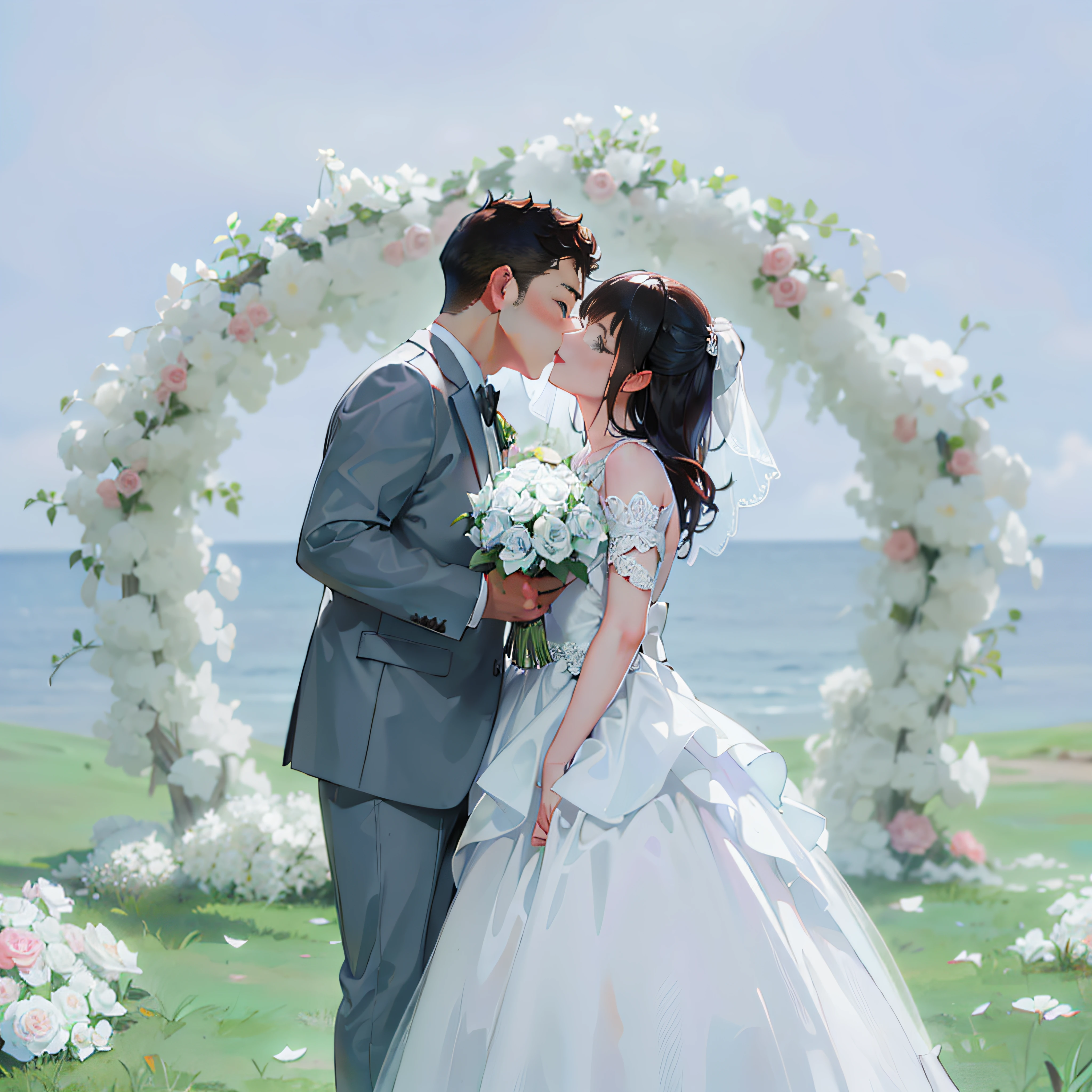 Bride and groom kissing in front of flower arch, wedding photo, Background with, Romantic, luxurious wedding, kissing together cutely, Weddings, Shot with Canon EOA 6 D Mark II, couple kissing, trailer, lovely kiss, professional wedding photography, 🤬 🤮 💕 🎀, 𝓡𝓸𝓶𝓪𝓷𝓽𝓲𝓬, wedding photography, kisses, behind the scenes, cute couple, jia