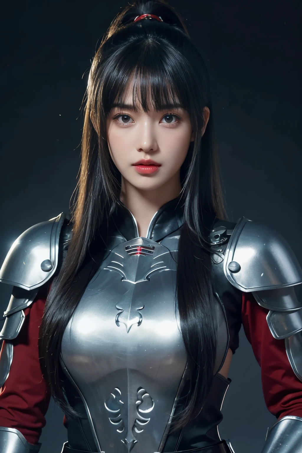 tmasterpiece,Best quality at best,A high resolution,8K,(portrait),(Close up of avatar),(RAW photogr),real photograph,digital photography,(A girl wearing a soldier&#39;s uniform that&#39;s revealing), girl,Long ponytail hairstyle,By bangs,(Black hair),(Red eyes),elegant and charming,Dressed in black combat uniform,A plump chest,Openwork design,The combination of armor and cloth,Big breasts that expose the,Complex accessories,Exquisite metal texture,Keep your mouth shut,Calm and serious,warriors,Photo pose,Realistic,gray world background,oc render reflection texture