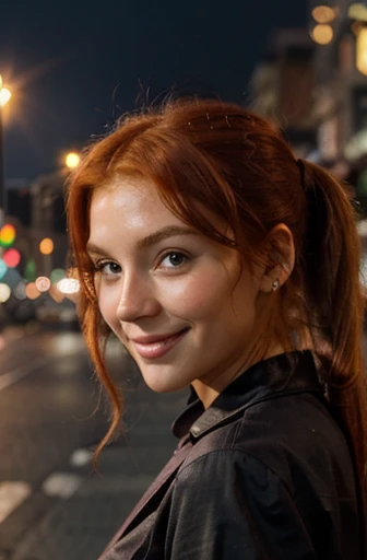 american , redhead , red , hair , soft skin , blush , cute , mesmerizing , HD , beautiful , ponytail , smile , happy , city lights , golden , dawn , evening