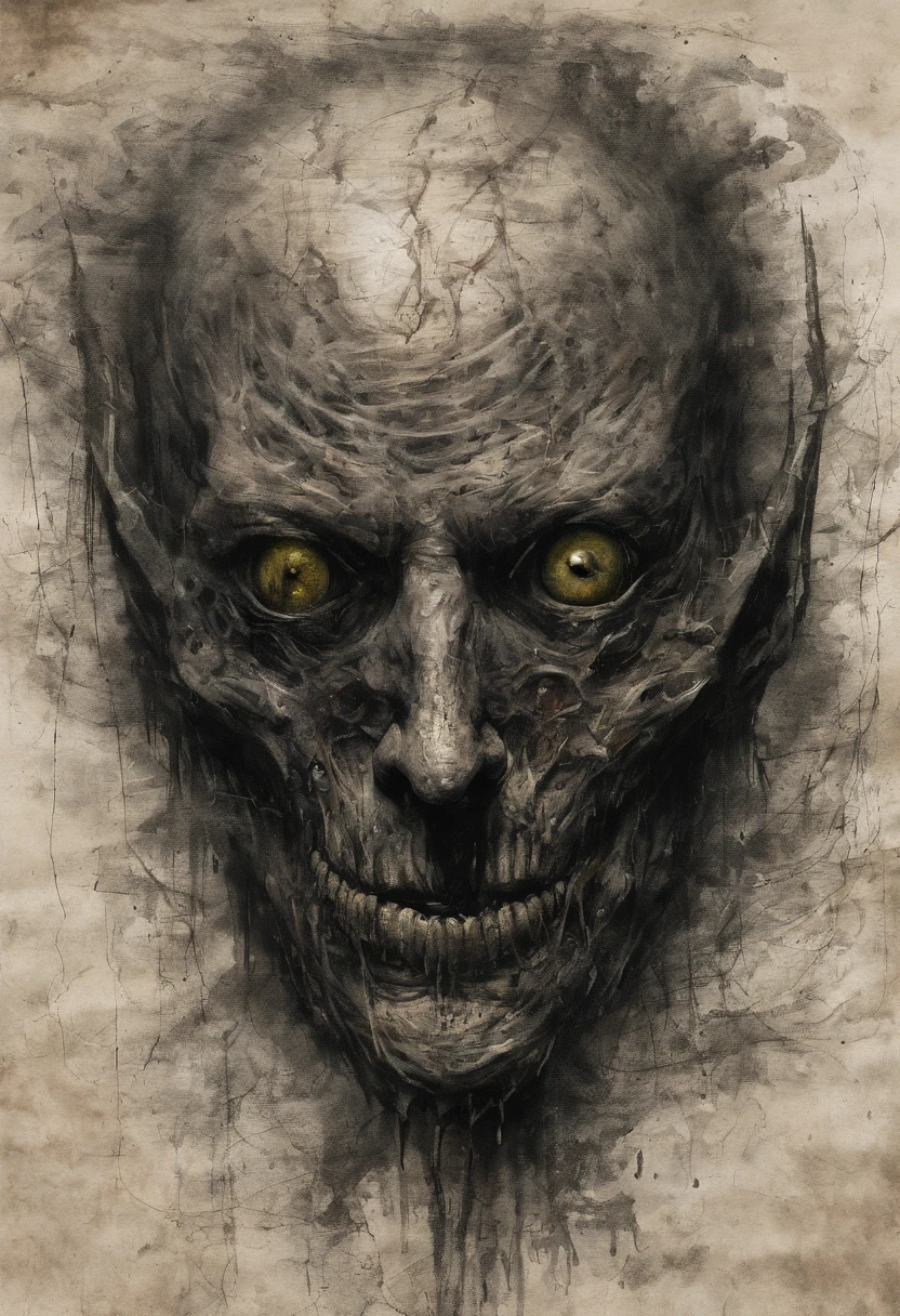 Uma criatura assustadora, His body is extremely thin, com os ossos marcando em sua pele completamente negra, Riddled with white scratches and scuffs, He has only two tufts of gray hair on each side of his head, exceto acima, Her eyes are deep with only two green dots, His bloodthirsty smile glows with his white teeth stained with dried blood. A horrific figure drawn in several scribbles on an old sheet of paper. ((corpo inteiro)), ((corpo inteiro)), ((demoniaca)), ((assustador)), ((rabiscos)), ((rabiscos horripilantes)), ((dreadful)), ((satanic)).