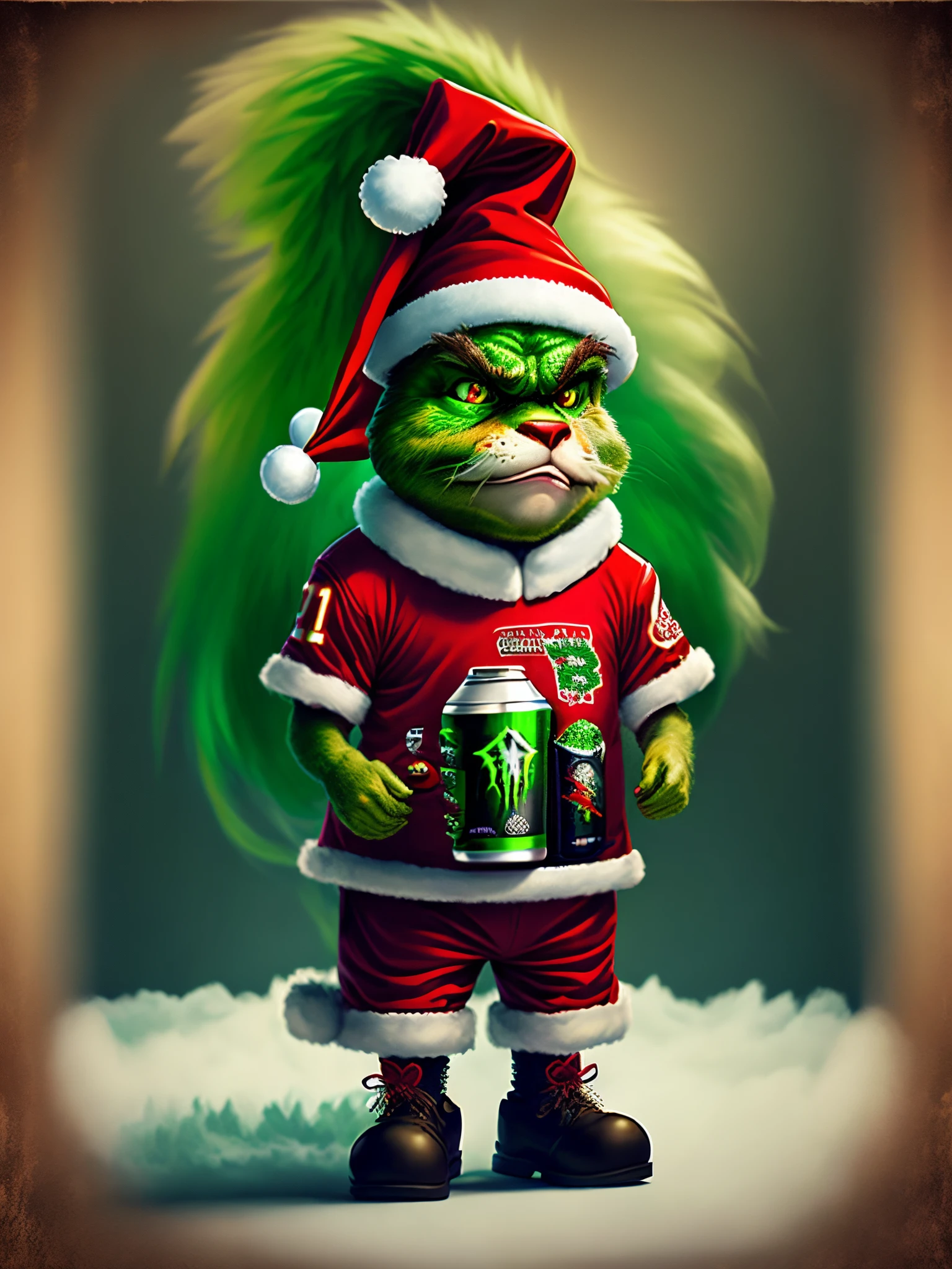 Can u do a grinch that stole Christmas wearing a Kansas City chiefs jersey with the number 10 wearing a Santa hat and drinking monster energy drink
