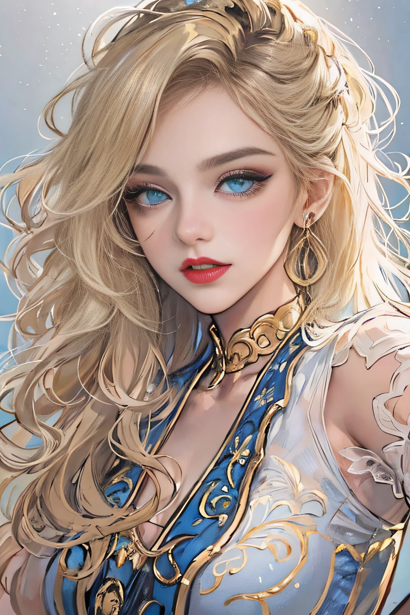 with black background,Long curly blonde hair,white skinned,blue color eyes,Redlip,Gold dress,good body,Bust photo,very beautiful woman,rosette,head-shot,orthofacial,Works of art masters,super high image quality,4K,Best quality,High resolution1:2,Clear color contrast,Characters are shiny,sexy beauty
