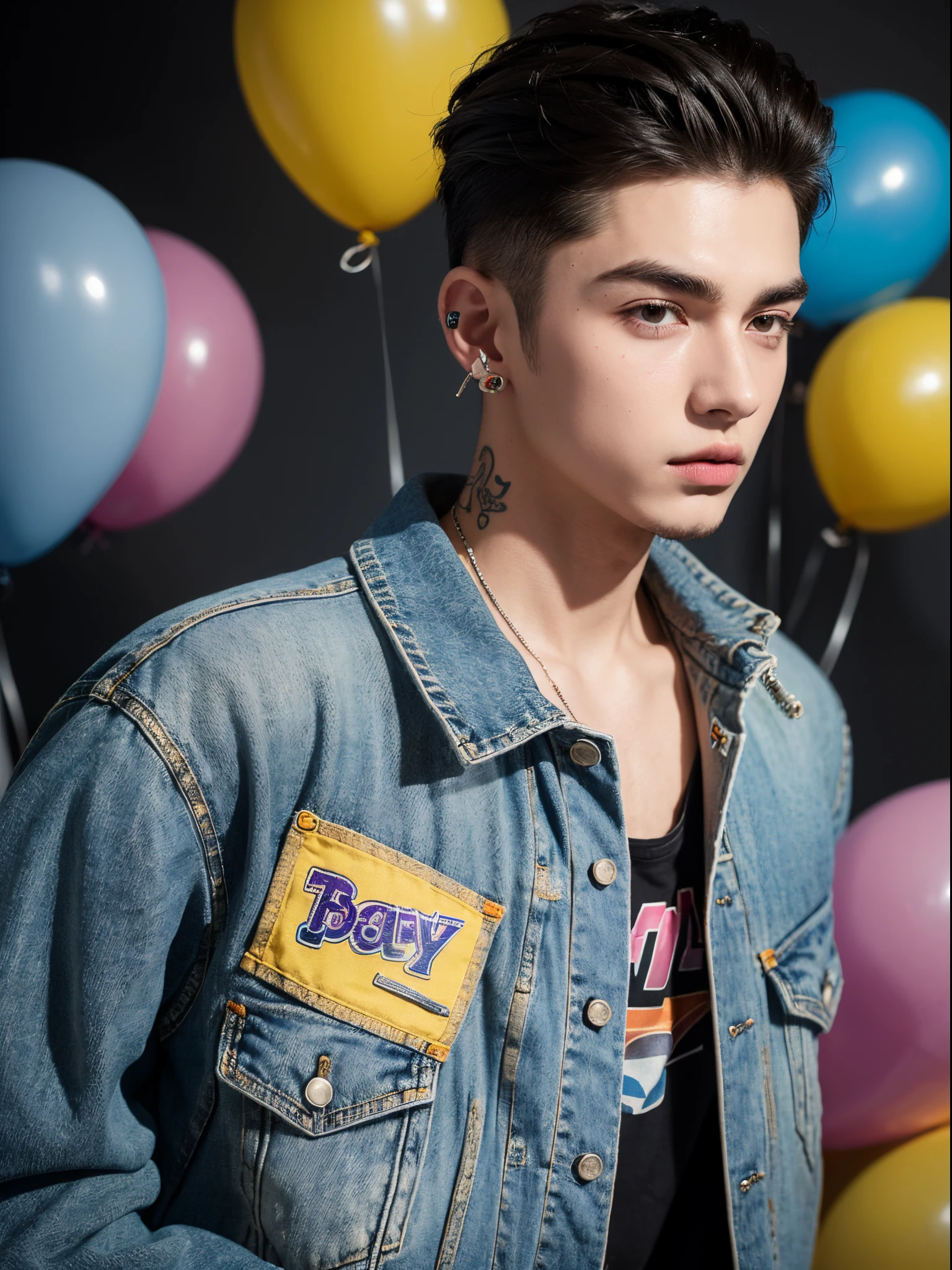 male, 20 year old boy, slick back, cut eyebrows, stud earrings, denim jacket, tatto in neck, half body photo, head facing the camera, colorful balloons in the background, street