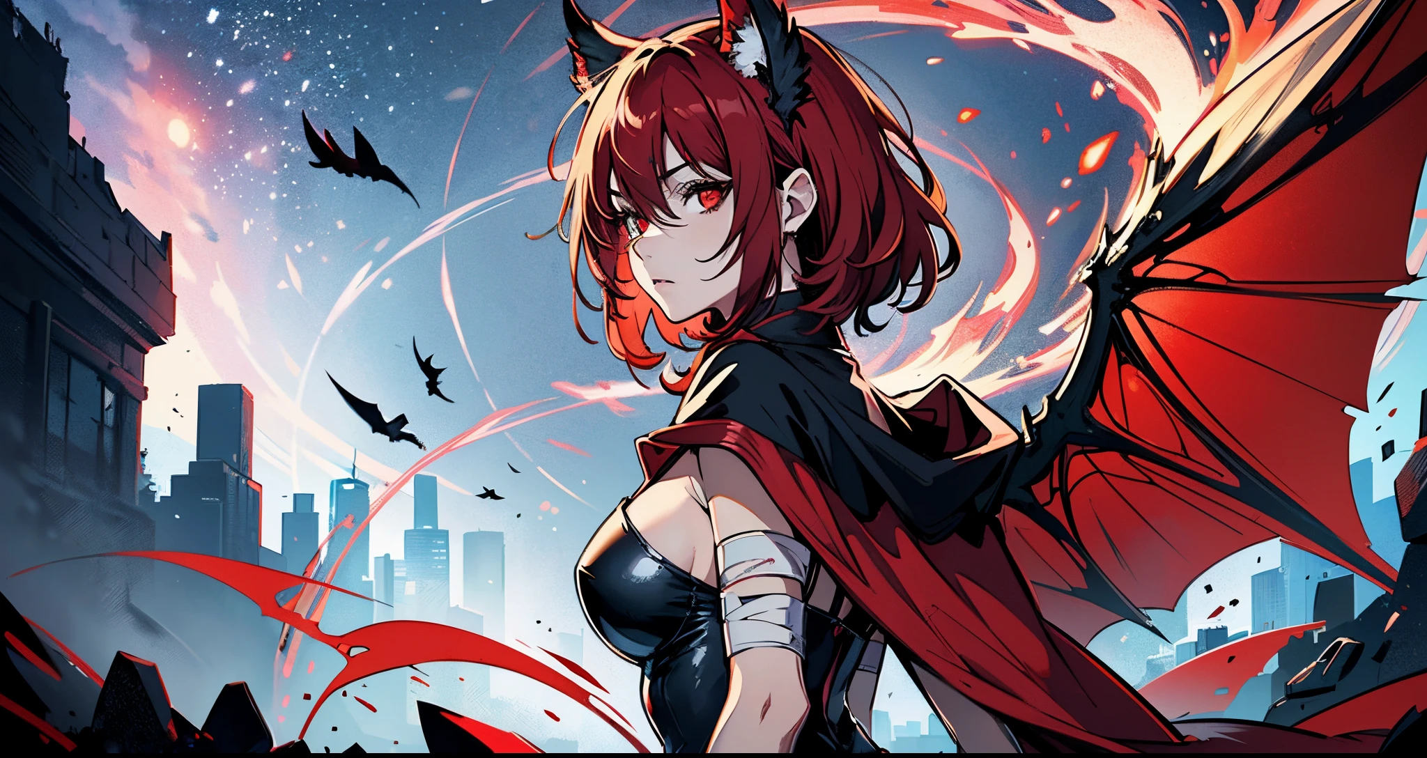 anime style,(RAW photo, 4k, master piece, very high resolution, extremely complex)(realistic: 1.4),(Bandage wrapped around head),(pointed ear),(big red bat wings), Cinematic lighting, (((a female character))), focus on alone, (Night), mist, medieval\(Style\), ( best quality ), (Tall),(dark skin tone) (short red hair),( large flowing red cape),(red and black full clothes),(8k expressionless face),(red eyes),(ULZZANG-6500:1.0),(alone),(Viewers),(penetrate gaze), (side),(Mysterious catacomb environment),((speed)),(reality),artistic --auto --s2