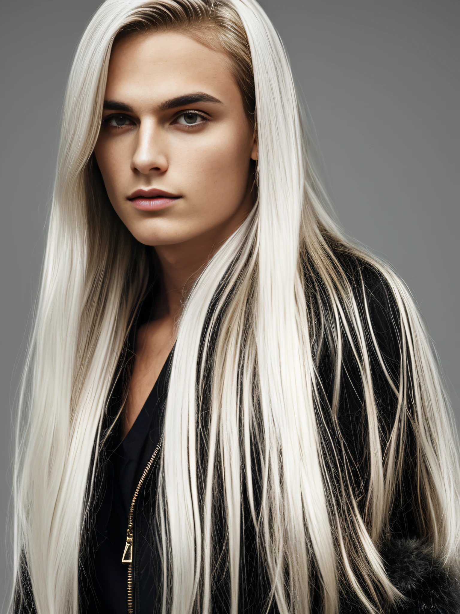 long white hair, straight hair, golden jacket, hyper realistic,