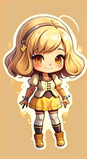 rendered,Cute Chibi Anime,(((Super masterpiece、top-quality、ultra - detailed、1 girl in、tchibi:1.5)))、fashion chibi muste piece, Best Quality, 1girl in, (Takatsuki Yayoi), Blonde hair, Drill Hair, twin drills, (Yellow eyes:1.2), Brown gloves, corsets, Detached sleeves, Fingerless gloves, Smile, magical littl, Puffy sleeves, striped thigh, Yellow skirt, coverd nippple, breasts, npclearly, clearly , Hidden Private, skyporn, evening, Sunset,
