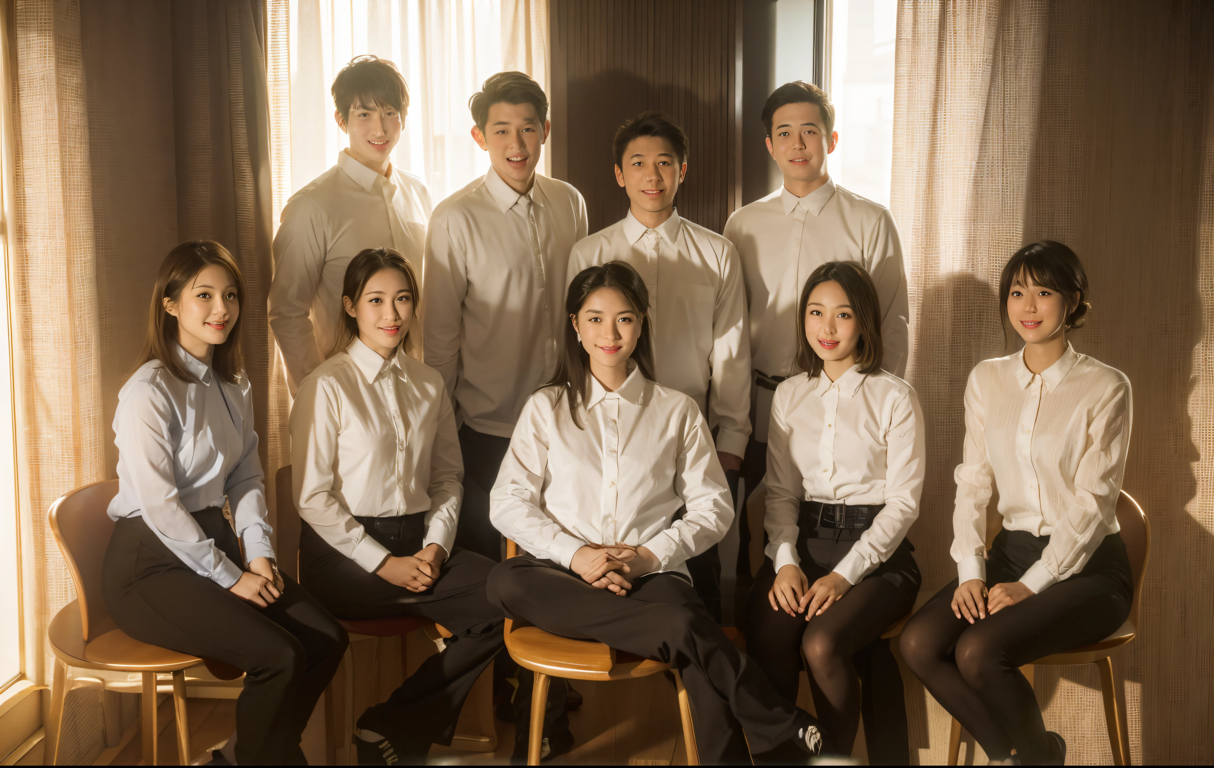 Six Americans sitting on stools, Four Japanese stalls, everyone is smiling, boys and girls, office room, In the daytime, In high-rise buildings, of a real, actual, photograph realistic, s delicate face, Positive point of view, 8K Magic Flute 4k, Exquisite, Exquisite
