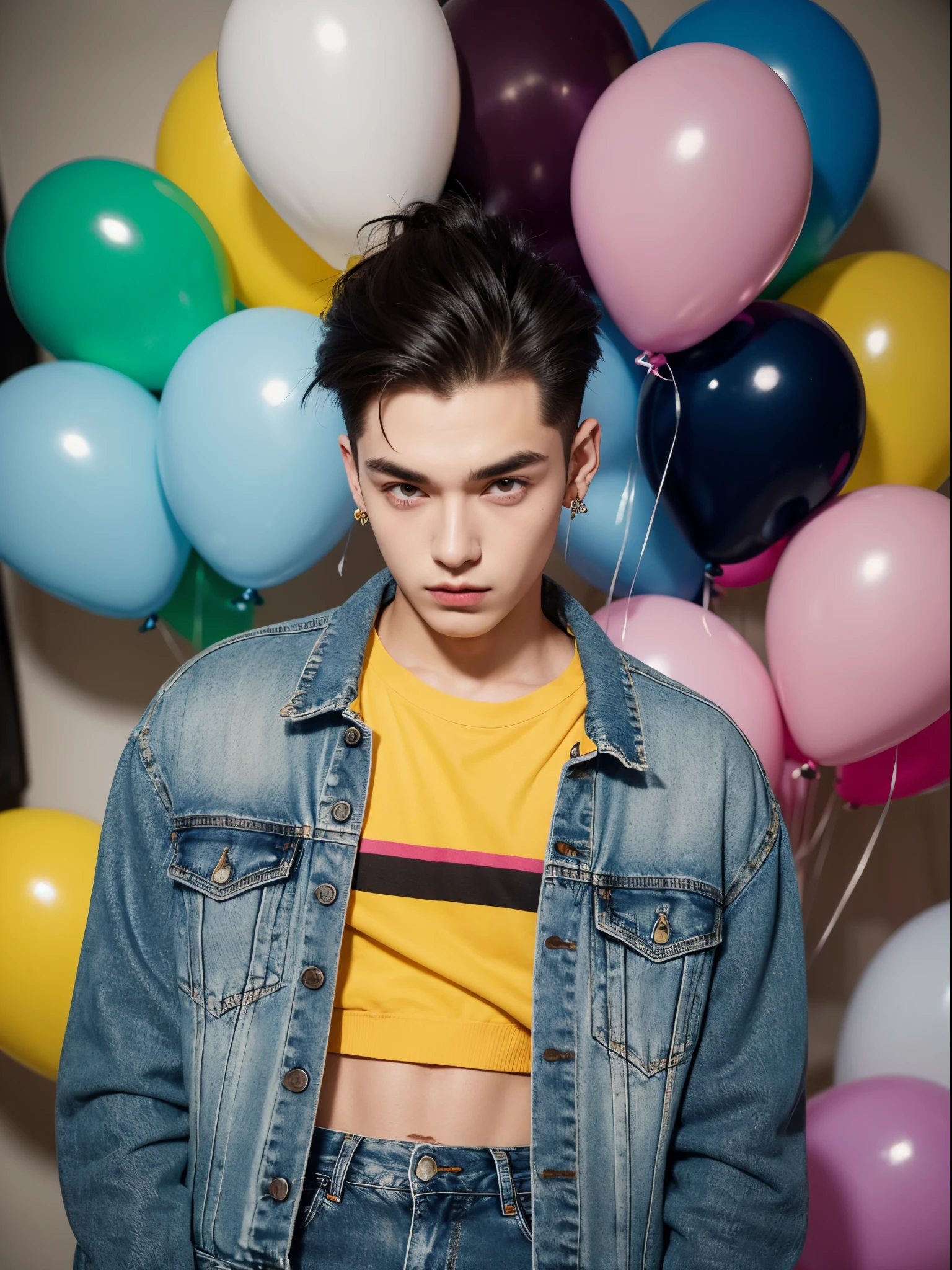 male, 20 year old boy, slick back, cut eyebrows, stud earrings, denim jacket, tatto in neck, half body photo, head facing the camera, colorful balloons in the background, street