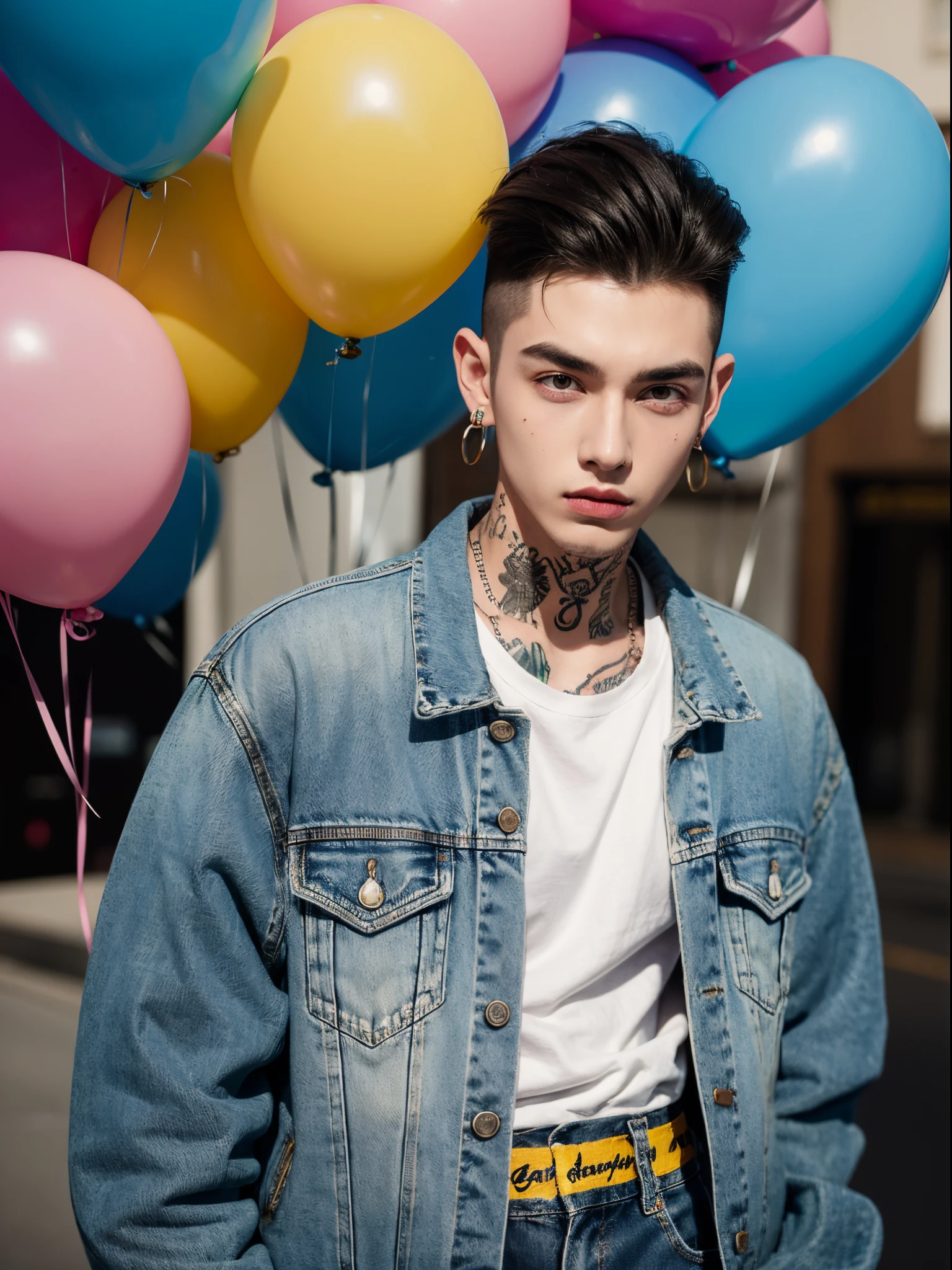 male, 20 year old boy, slick back, cut eyebrows, stud earrings, denim jacket, tatto in neck, half body photo, head facing the camera, colorful balloons in the background, street