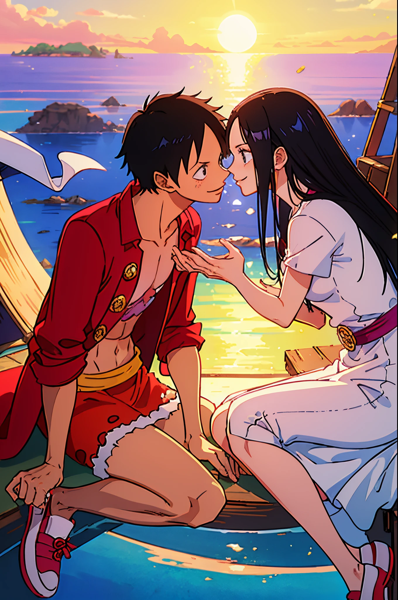 best quality, of romantic couple in amazing and idyllic landscape, romantic atmosphere, featured details; Man monkey d Luffy white T-shirt and denim coat, woman boa Hancock with long black hair, red dress with flowers and white shoes, radiant smile, in the light of the sunset kissing