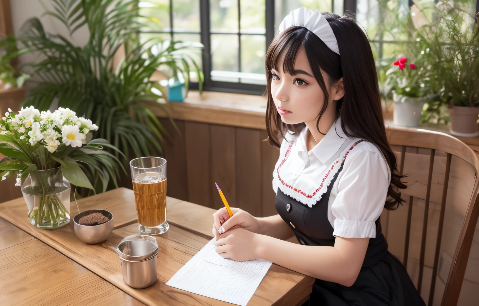 Pencil draw a wolf girl in a maid uniform, arrumando um buque de flores em um vaso, com um luar aparecendo na janela --auto --s2