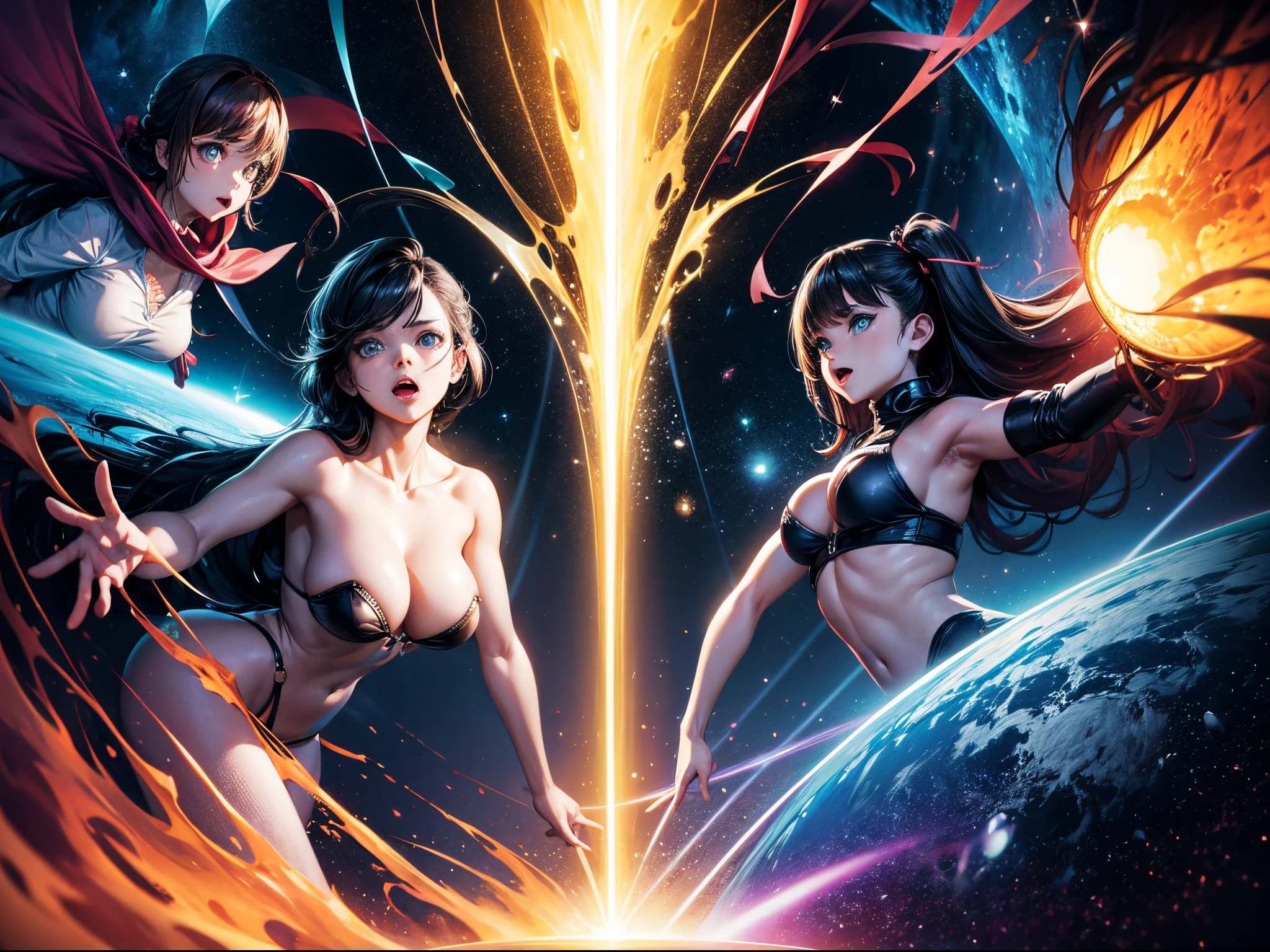 Humorous depictions of characters navigating through comically twisted multiverses and wormholes. Inject lightheartedness into the space-time exploration. large 