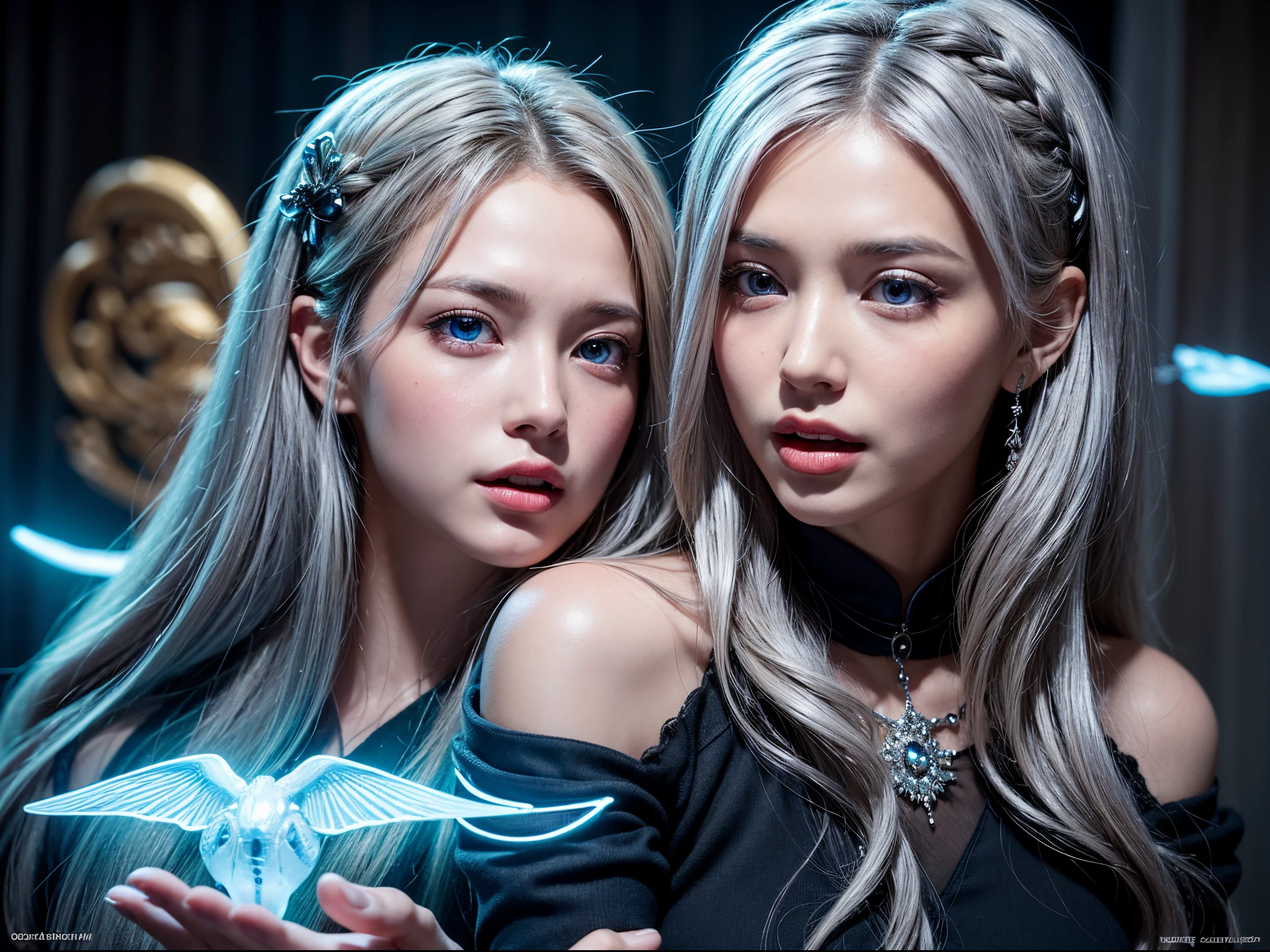 (masterpiece), realistic, cinematic light,  5yo girl and her family are watching the theme park parade, full body, beautiful eyes, silver hair, perfect anatomy, very cute, (blue eyes) , bioluminescence, 8 life size,8k resolution, human hands, elegant, approaching perfection, dynamic, highly detailed, character sheet, concept art, smooth, facing directly at the viewer positioned so that their body is symmetrical and balanced,  detailed hairstyle, her eyes tear up as she hold back the pain, open mouth and stick out tongue, from below and side, fractal art