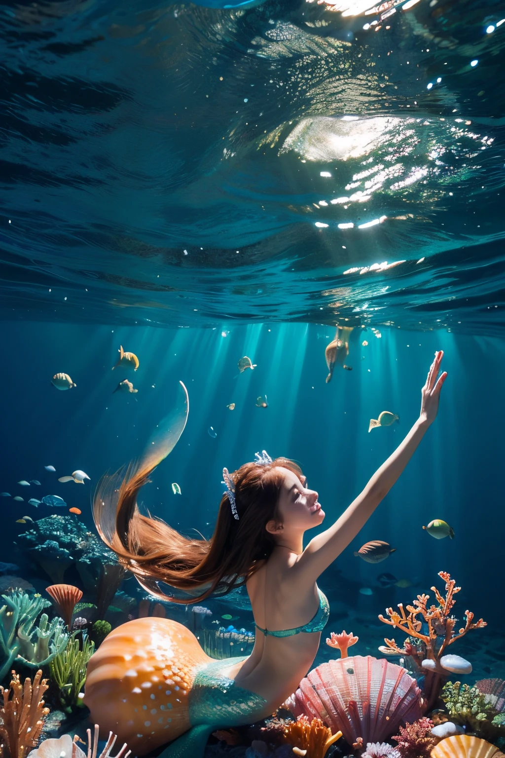 stickfigure、disney mermaid、ocean floor background、There are shells、Bubbles and mermaid friends