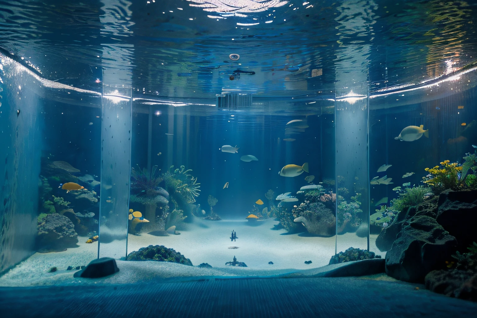 Hakkeijima Sea Paradise Theme Water Park, museum-aquarium, passage inside an aquarium with marine life, glass tunnel in a huge aquarium